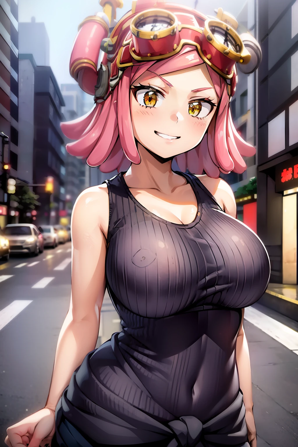 hatsume mei(mha), 1girl solo,pink hair,short hair,goggles on head, TANK TOP,bangs,symbol-shaped pupils, yellow eyes, happy, looking at viewer, outdoors,cityscape, depth of field, road, tokyo , street photography, upper body, perfect face, curvy, highres,