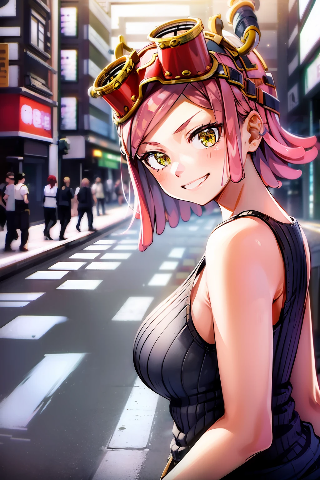 hatsume mei(mha), 1girl solo,pink hair,short hair,goggles on head, TANK TOP,bangs,symbol-shaped pupils, yellow eyes, happy, looking at viewer, outdoors,cityscape, depth of field, road, tokyo , street photography, upper body, perfect face, curvy, highres,