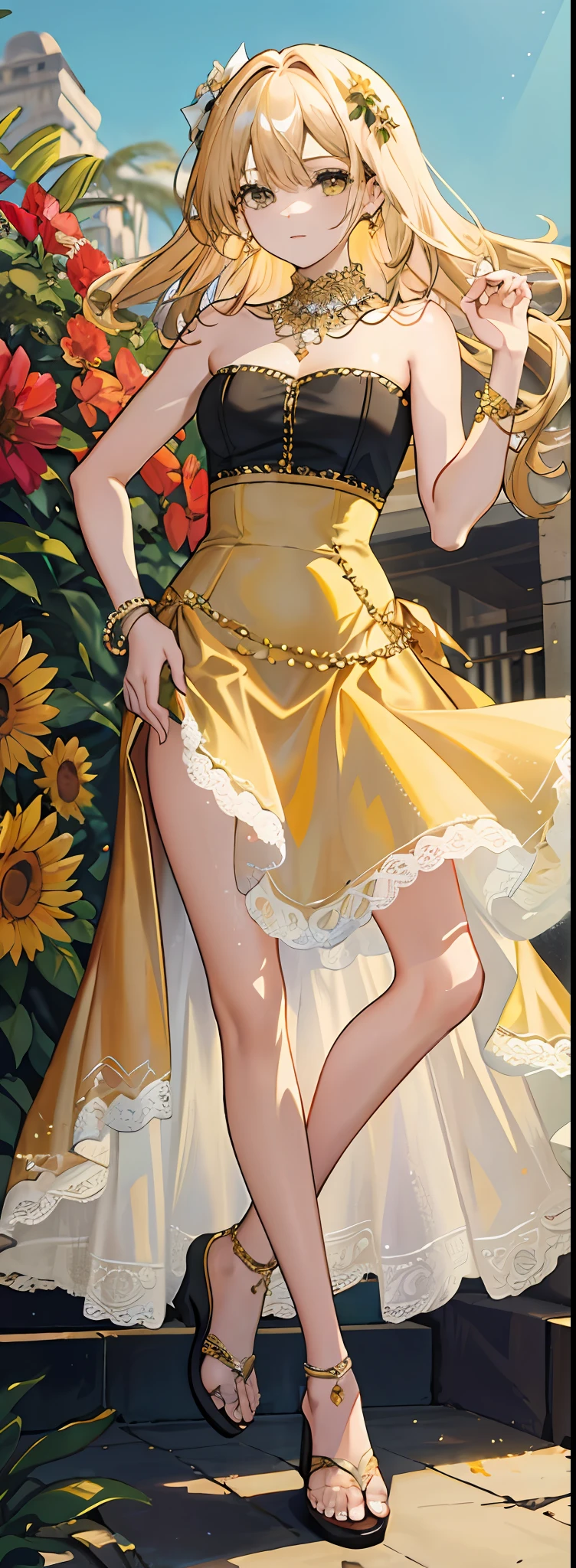 The beauty of Cuban style,Golden hair,long skirt,long skirt,A bandeau top made of flowers,Camel sheer tulle dress,White high-heeled sandals