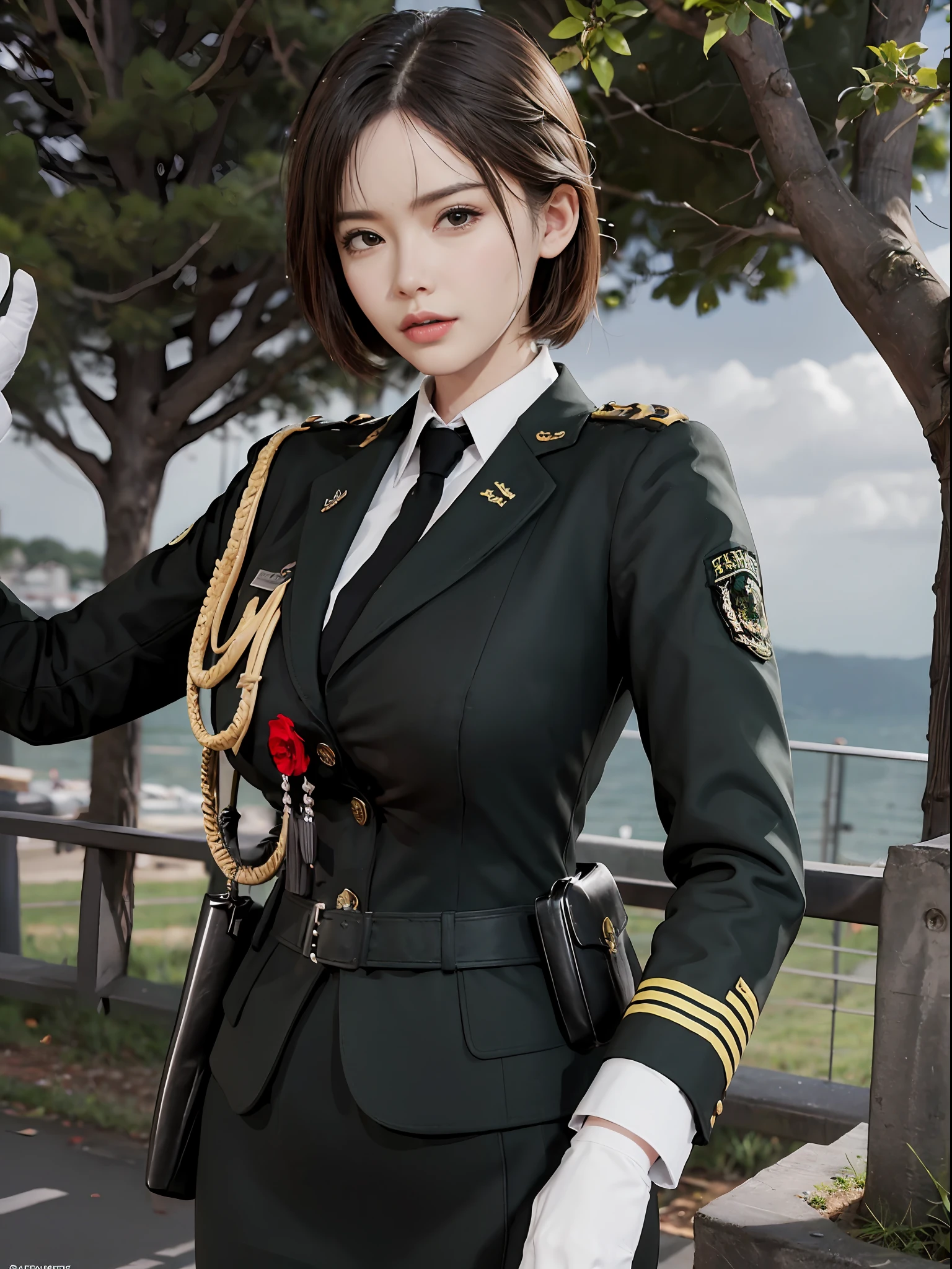 Very detailed CG unity 8K wallpaper，（tmasterpiece），（best qualtiy），（ultra - detailed），（Ultra photo realsisim），（best character detail：1.36），Nikon D750 f / 1.4 55mm，profesional lighting， physically-based renderingt, 1girll, Female soldier，army suit，Dark green military uniform，Fabric texture military uniform，Pure white lining，Dark green tie，Black hair，the golden ratio,[:(com rosto detalhado:1.2):0.2]:,PureErosFace_V1, broad shoulder,(Bigchest:1.5),(big assa:1.5)，Soaked with sweat，red flags，In the square，Splendid scenery，bright sun，upper body photos，Place your hands on your chest，