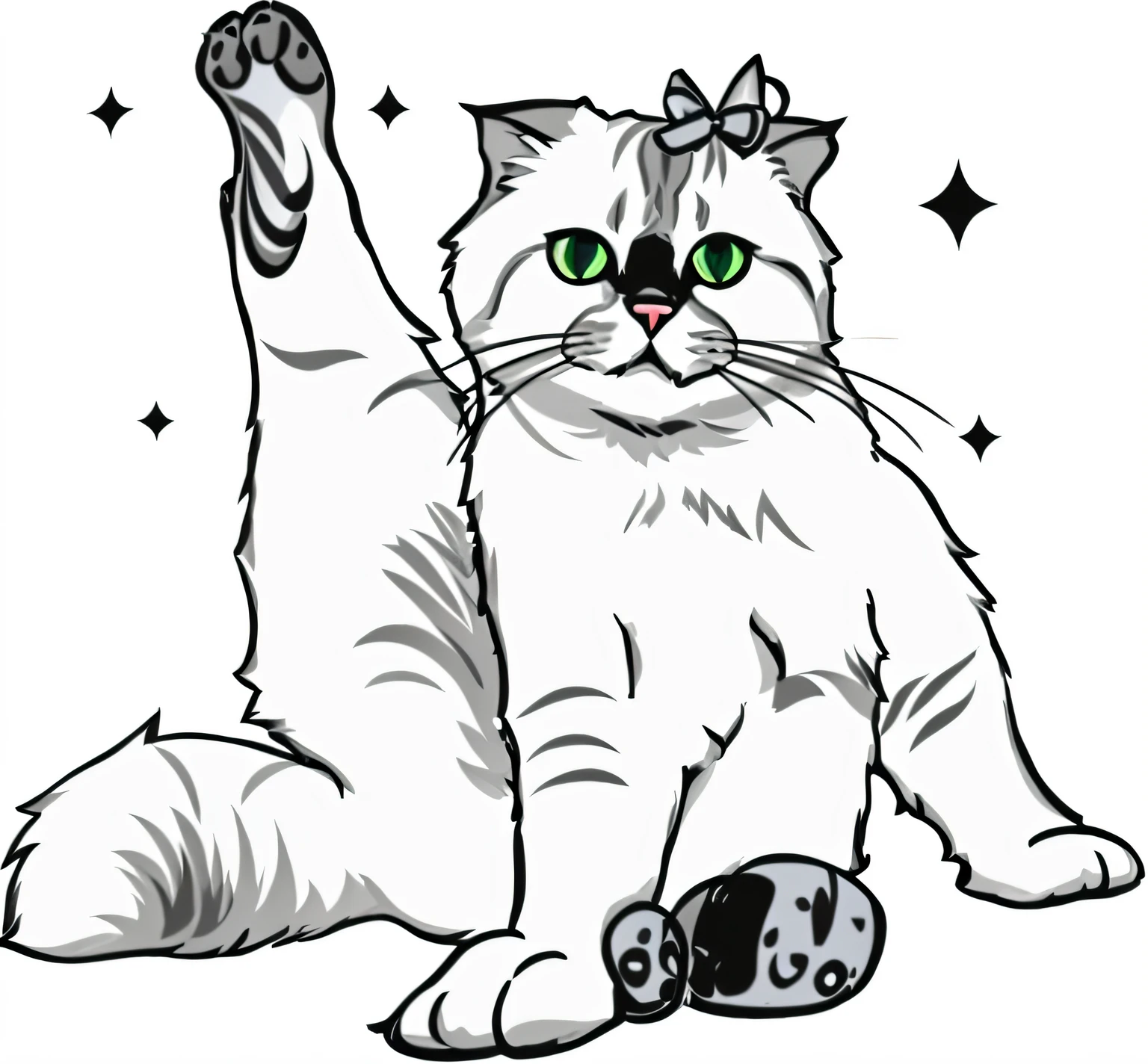 Close-up of a cat with a bow on its head, !!!! cat!!!!, chonker cat, exotic shorthair cat, cat design, in an action pose, !!! cat!!!, anthropomorphic female cat, illustration of a cat, anthropomorphic cat, triumphant pose, fat chibi grey cat, doing a sassy pose, neko, Cat in space