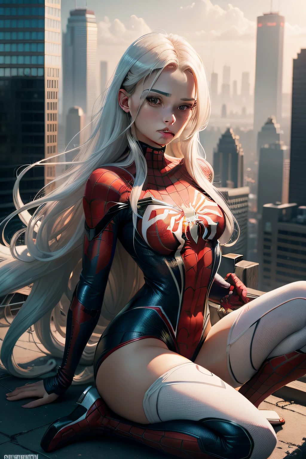 4k, realistic, carismatic, very detail, there is a girl on top city, wearing spiderman costum, she is a spiderman, white super hero theme, white long hair, 25 years old, full body