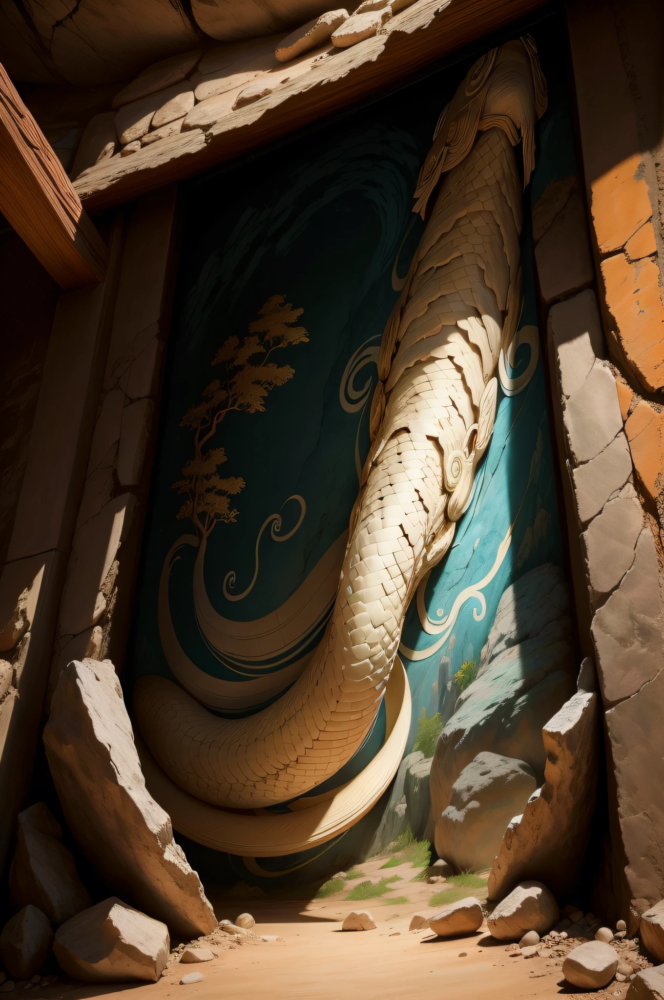 An ancient mural in a cave,Beautiful depiction of the legend of the White Snake。