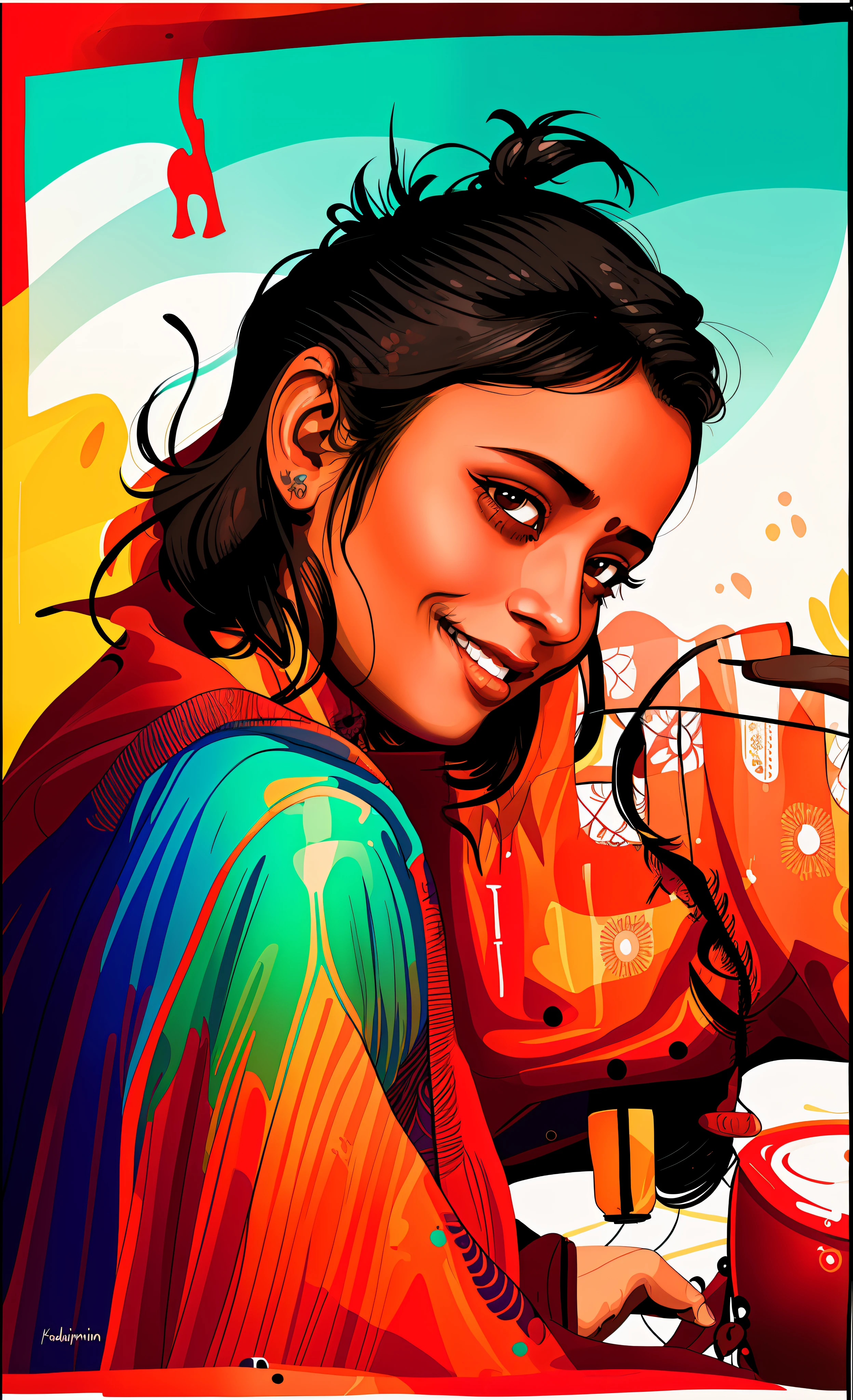 there is a woman in a red poncho, a colorized photo by T. K. Padmini, tumblr, hurufiyya, with lovely look, around 1 9 years old, indian girl with brown skin, profile pic, innocent smile painting of a woman, vibrant and bold pop art with high contrast colors, dynamic composition, and exaggerated details