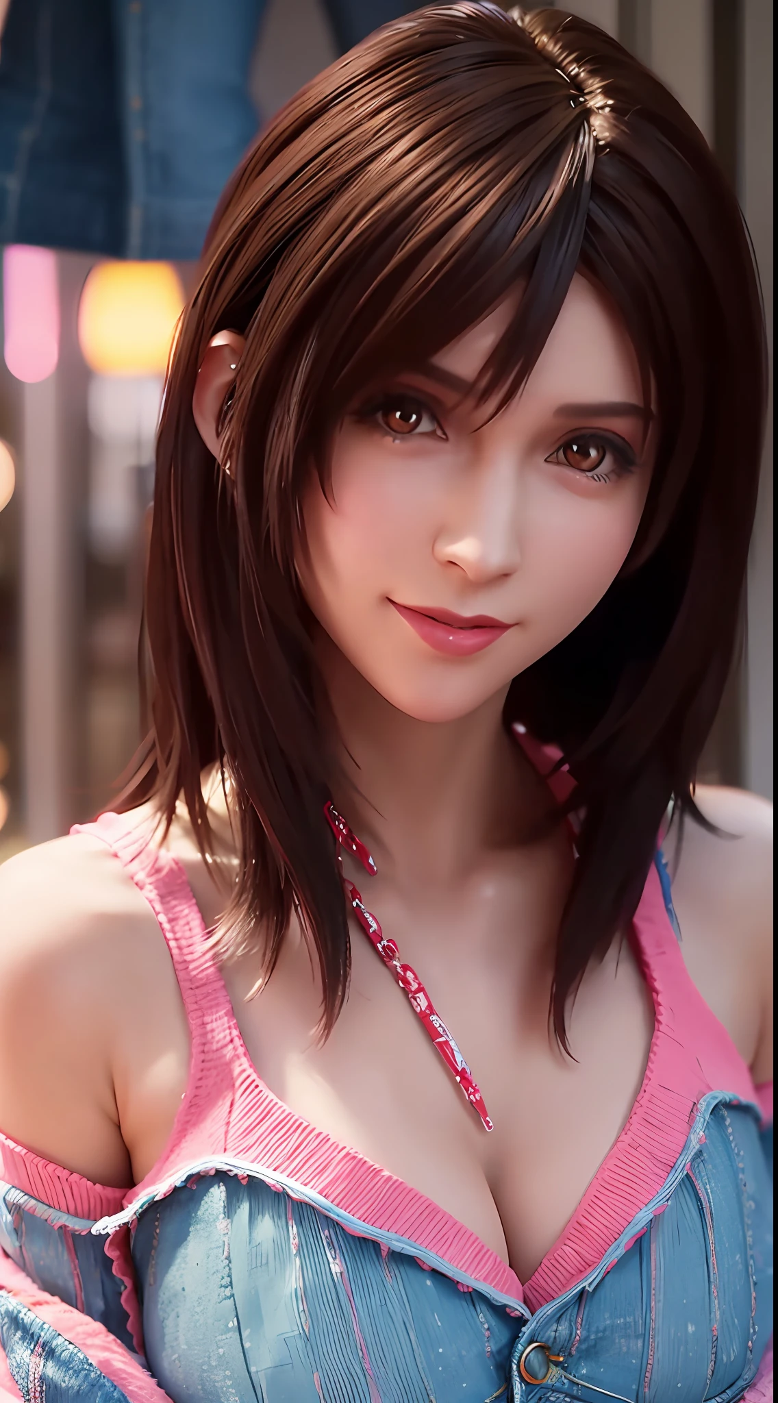 ((((Medium hair)))), ((((brown  hair)))), best qualtiy, 8K, hdr, A high resolution, absurderes:1.2, blur backgroun, Bokeh:1.2, photography of, (RAW photo:1.2) , (Fidelity:1.4), (tmasterpiece:1.3), (exquisitedetails:1.2), 1girll, Solo, Japanese sisters and children, delicated, big breasts beautiful, (Detailed eyes), (Detailed facial features), Petite, beautiful and clear eyes,detail eye pupil，（（（gigantic cleavage breasts））），Skin Firm，（Looking_at_peeping at the viewer），From_Front，（being thin），（best qualtiy：1.4），（超A high resolution：1.2），cinematic lighitnglamplight，（very detailed illustration），（Gloss on lips，best qualtiy，超A high resolution，depth of fields，Caustics，Wide light，naturalshadow，85mm，f/1.4，iso 200，1/160s:0.75),1girll, Solo, ((Smile)), (((Slim body))), (Urzang-6500-V1 Edition.1:0.5), The upper part of the body, (((denimpants with pinksweater, cropped shoulders, White pleated skirt))), standing on your feet,(PureErosFace_V1:0.5), street Tokyo, the night, view over city，City lights，closeup cleavage