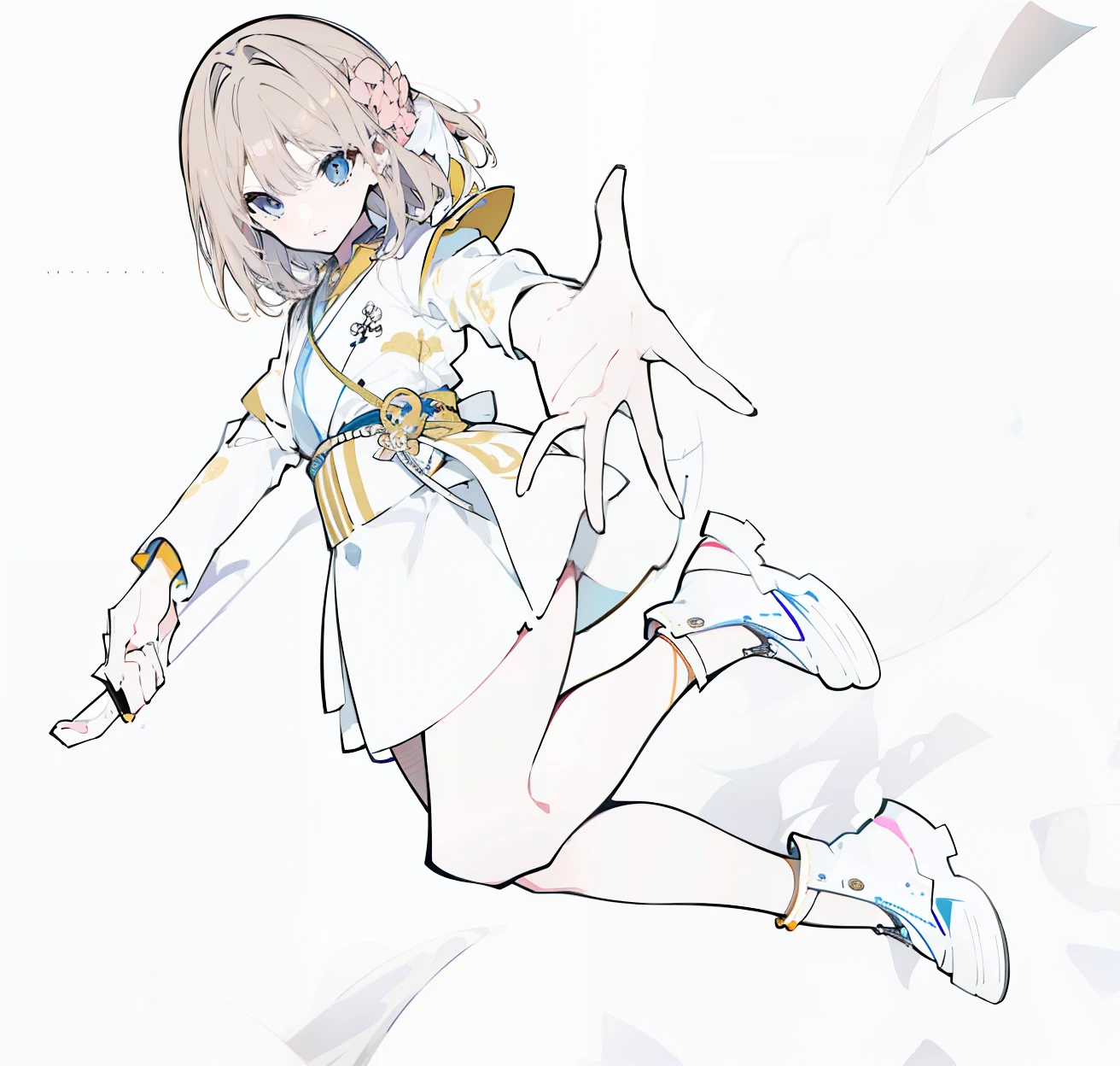 Golden ratio,Masterpiece,Best quality,Ultra detailed,illustration,细腻细致,Intricate details,Cinematic light,最优质的背光,清晰的线条,perfect bodies,One guy,Kizi,Momo Mizuki,Brown hair,short detailed hair,blue color eyes,Happy expression,Laughing,Top-down view,Slender body,There is a collar,Kimono elements,Pink costume,There is a jacket,short skirt,Black breathable lace stockings,High soled shoes,morden style,Rock,holding guitars