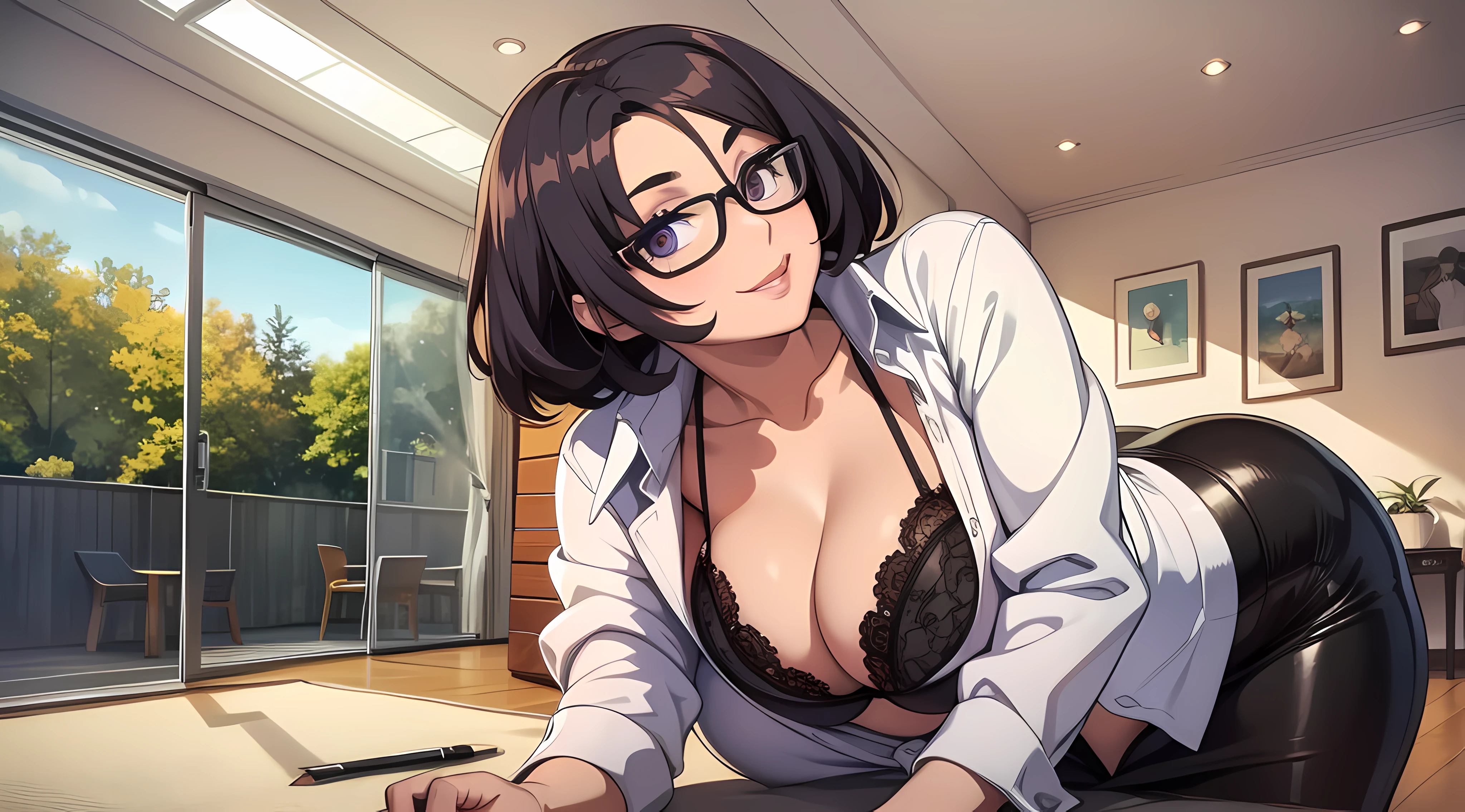 tmasterpiece, best qualtiy, A MILF,Beautiful detailed love eyes, Extremely detailed face,Heavy makeup,Glasses, Purple shirt, Open shirt, Black bra, cleavage, Large of breast,big assa, pencil skirts, Pantyhose, High heels, view the viewer, arms behind head,Temptation in the eyes,ssmile,opening legs,squating, lounge room
