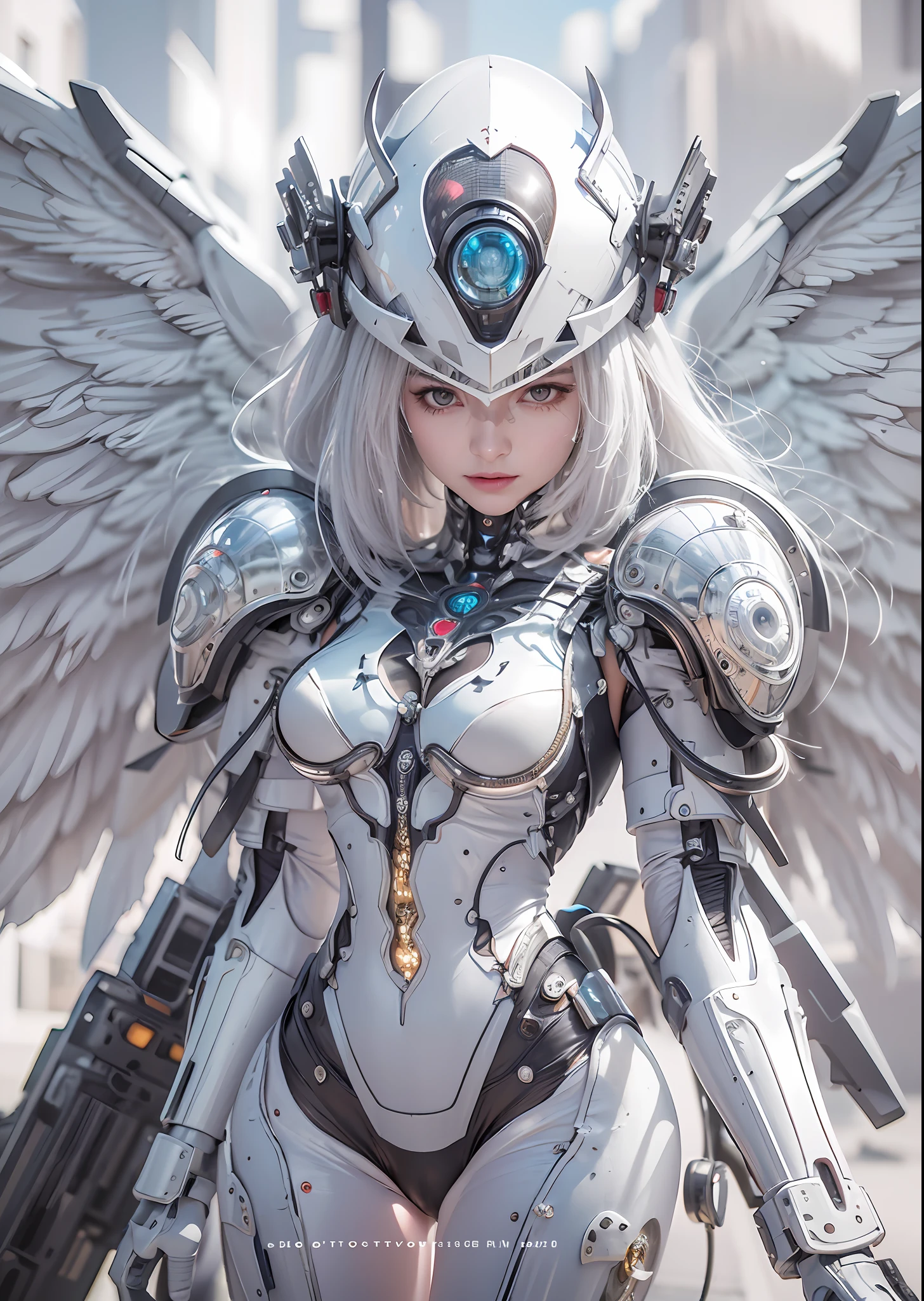 top-quality、​masterpiece、超A high resolution、(Photorealsitic:1.4)、Raw photo、Battle Cyborg Angel、large wings made of metal、White porcelain body、Acrylic Clear Cover、white  hair、glowy skin、1 Cyborg Girl、((super realistic details))、portlate、globalillumination、Shadow、octan render、8K、ultrasharp、character edge light,Colossal tits、Raw skin is exposed in cleavage、Details of complex ornaments、Giger Details、Hydraulic cylinder、Small LED lamp、highly intricate detail、Realistic light、a purple eye、radiant eyes、Facing the camera、neon details、cowboy  shot、Futuristic headgear、About Cyberpunk、、