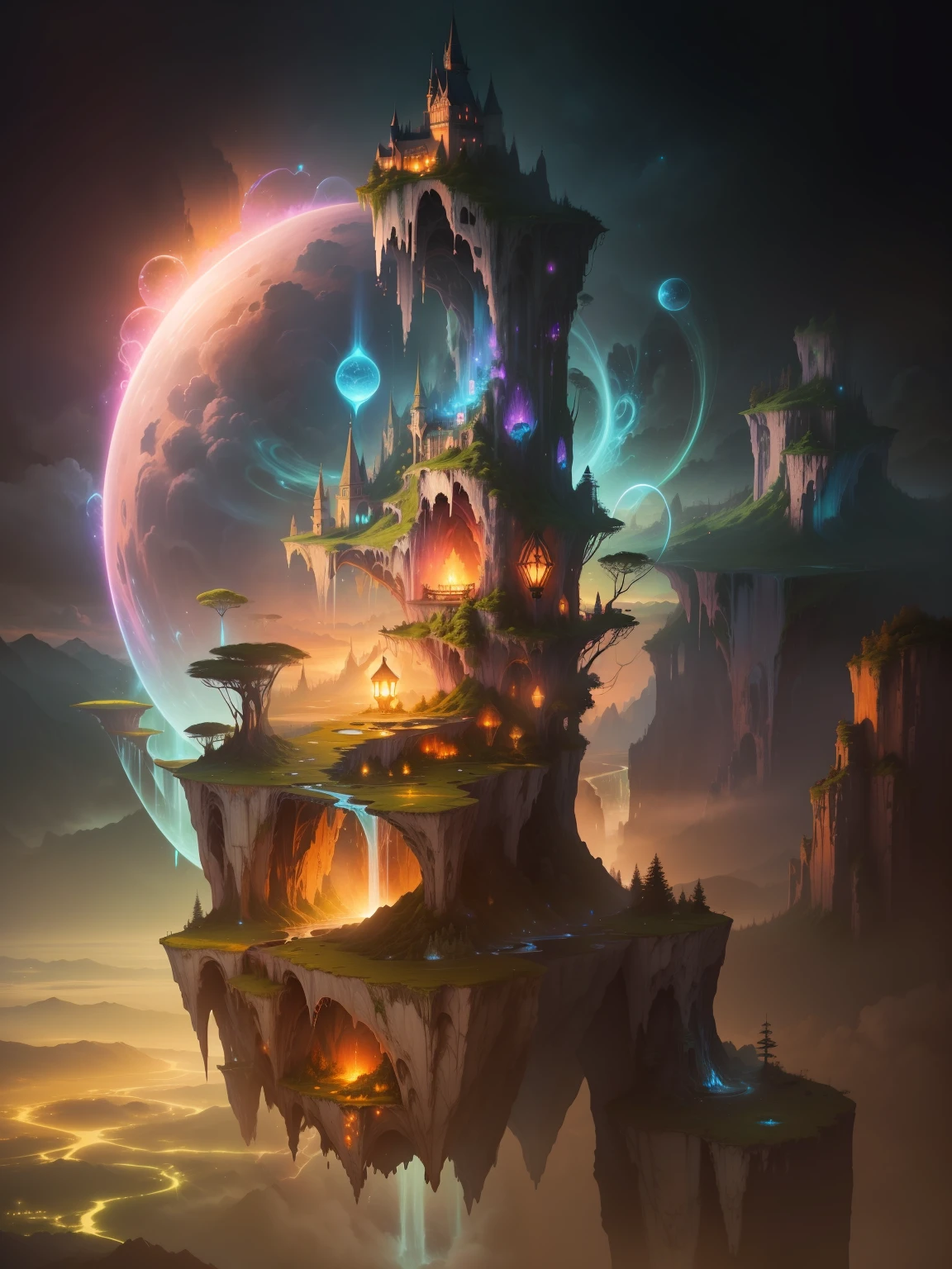 /imagine prompt: A magical realm suspended in the sky, where floating islands and waterfalls merge with colorful bioluminescent flora and fauna, creating a surreal and dreamlike environment, the air filled with a sense of wonder and adventure, Illustration, digital art with glowing effects, --ar 16:9 --v 5