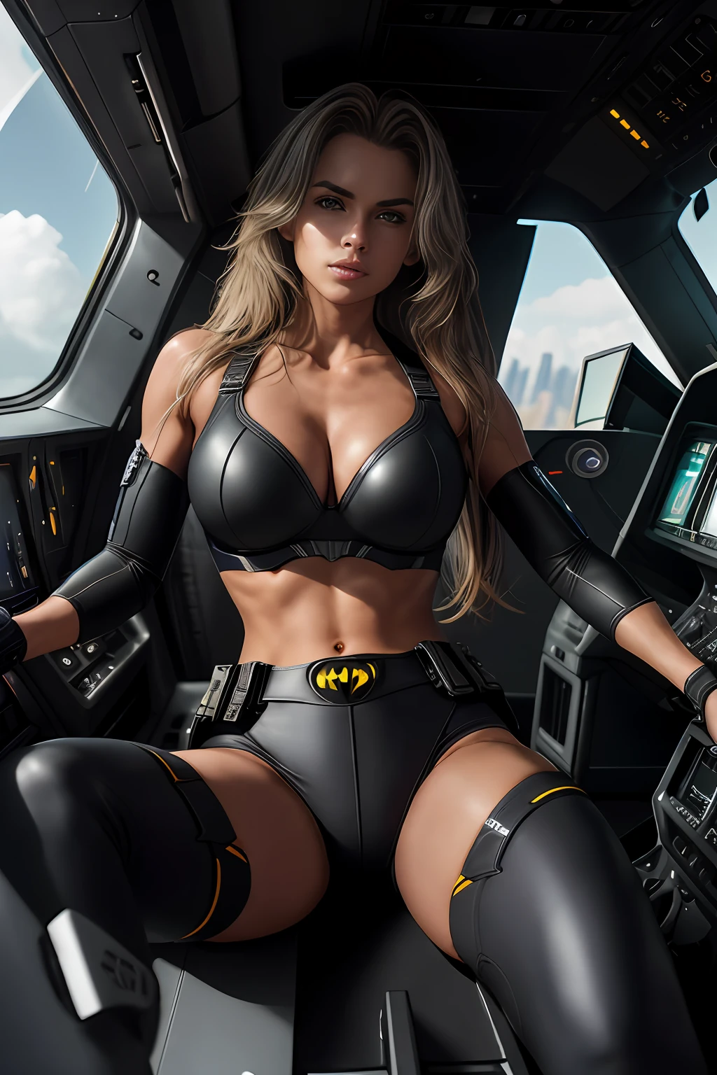 (Extremely detailed 8k wallpaper), bat girl sitting in a futuristic fighter jet cockpit, black futuristic fighter jet cockpit, futuristic fighter jet cockpit:1.3, confident, many switches and lights, long hair, bra, sexy top, short top:1.2, calm, modern futuristic clothing, complex, highly detailed, and dramatic, cinematic lighting, bright scene, cameltoe:1.0, thigh gap, soft lights, large breasts:1.4, nsfw:1.4, fit girl, lean girl, dark gray tight leather clothes, cleavage, bellybutton, batman logo