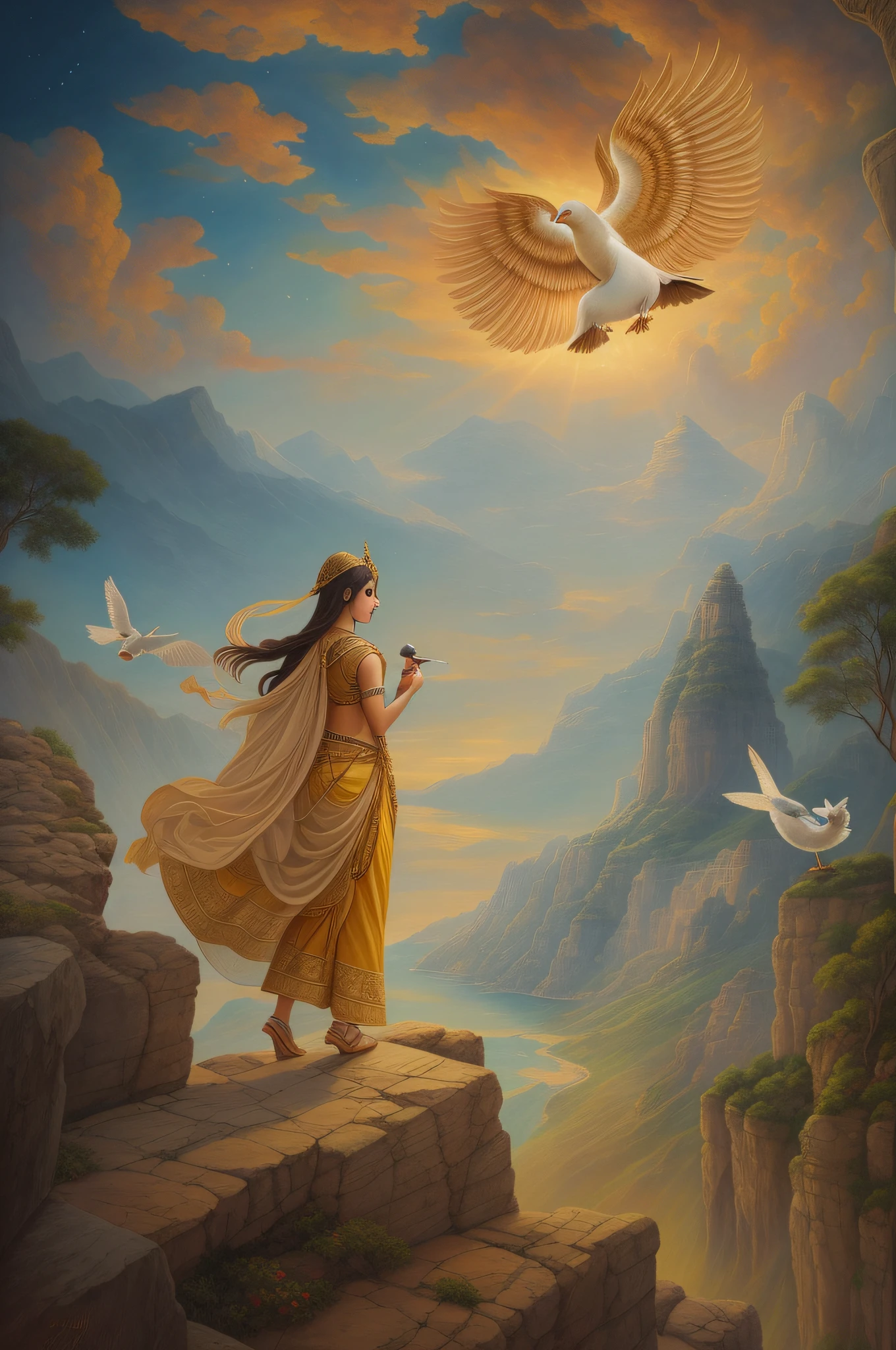 Draw a painting of the goddess of dreams，Woman standing on a cliff，There is a pigeon on the head，The style of painting is influenced by Kamāl ud-Dīn Behzād、Abdullah Al Gulguli、Influence of Sohrab Sepehri and Taravat Jalali Farahani，Emphasis is placed on mythological paintings and Indian goddesses of wealth。