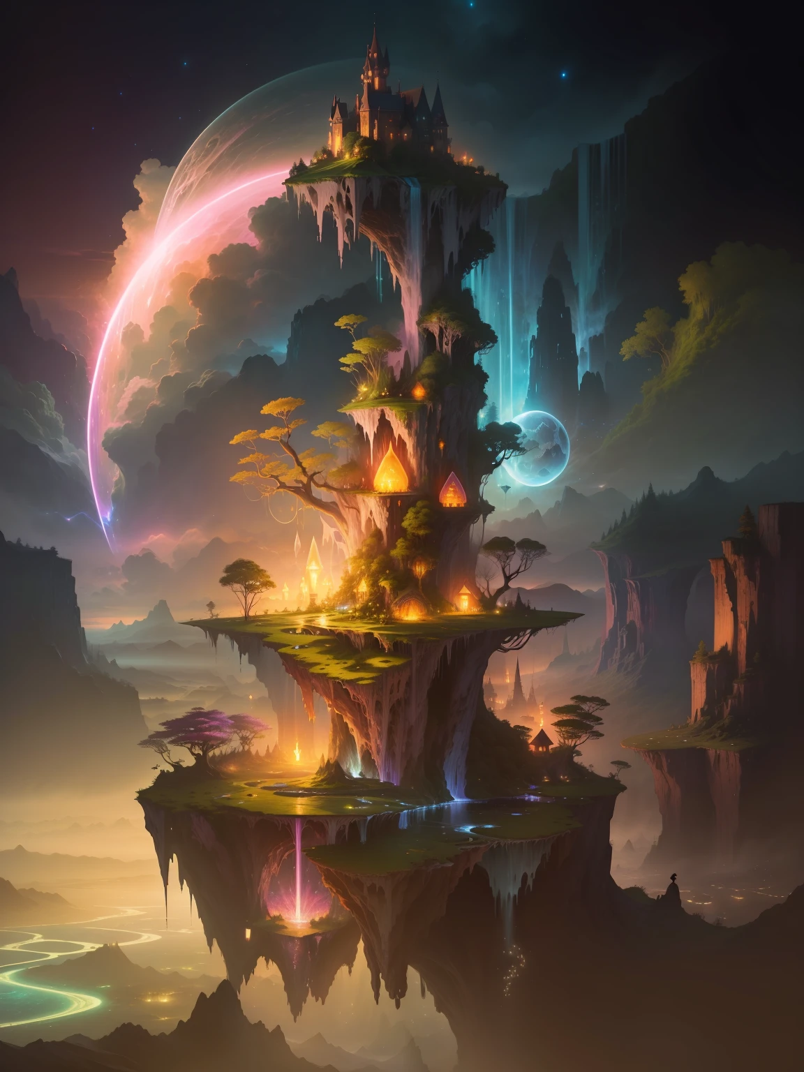 /imagine prompt: A magical realm suspended in the sky, where floating islands and waterfalls merge with colorful bioluminescent flora and fauna, creating a surreal and dreamlike environment, the air filled with a sense of wonder and adventure, Illustration, digital art with glowing effects, --ar 16:9 --v 5