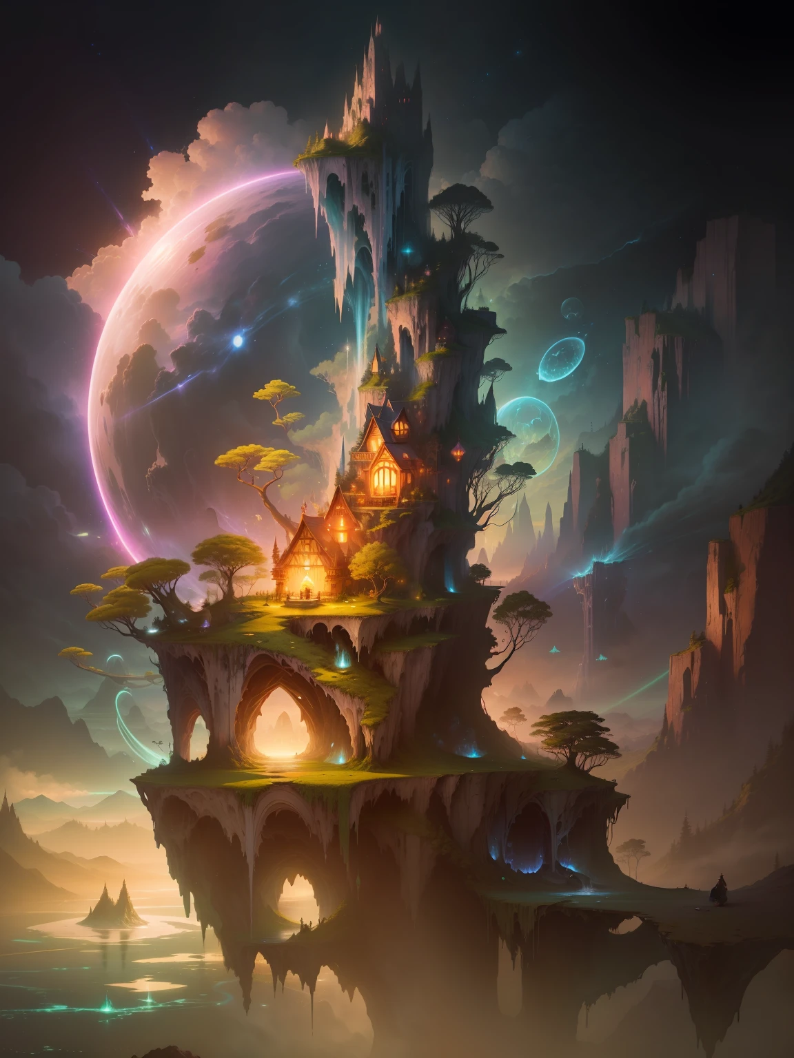 /imagine prompt: A magical realm suspended in the sky, where floating islands and waterfalls merge with colorful bioluminescent flora and fauna, creating a surreal and dreamlike environment, the air filled with a sense of wonder and adventure, Illustration, digital art with glowing effects, --ar 16:9 --v 5