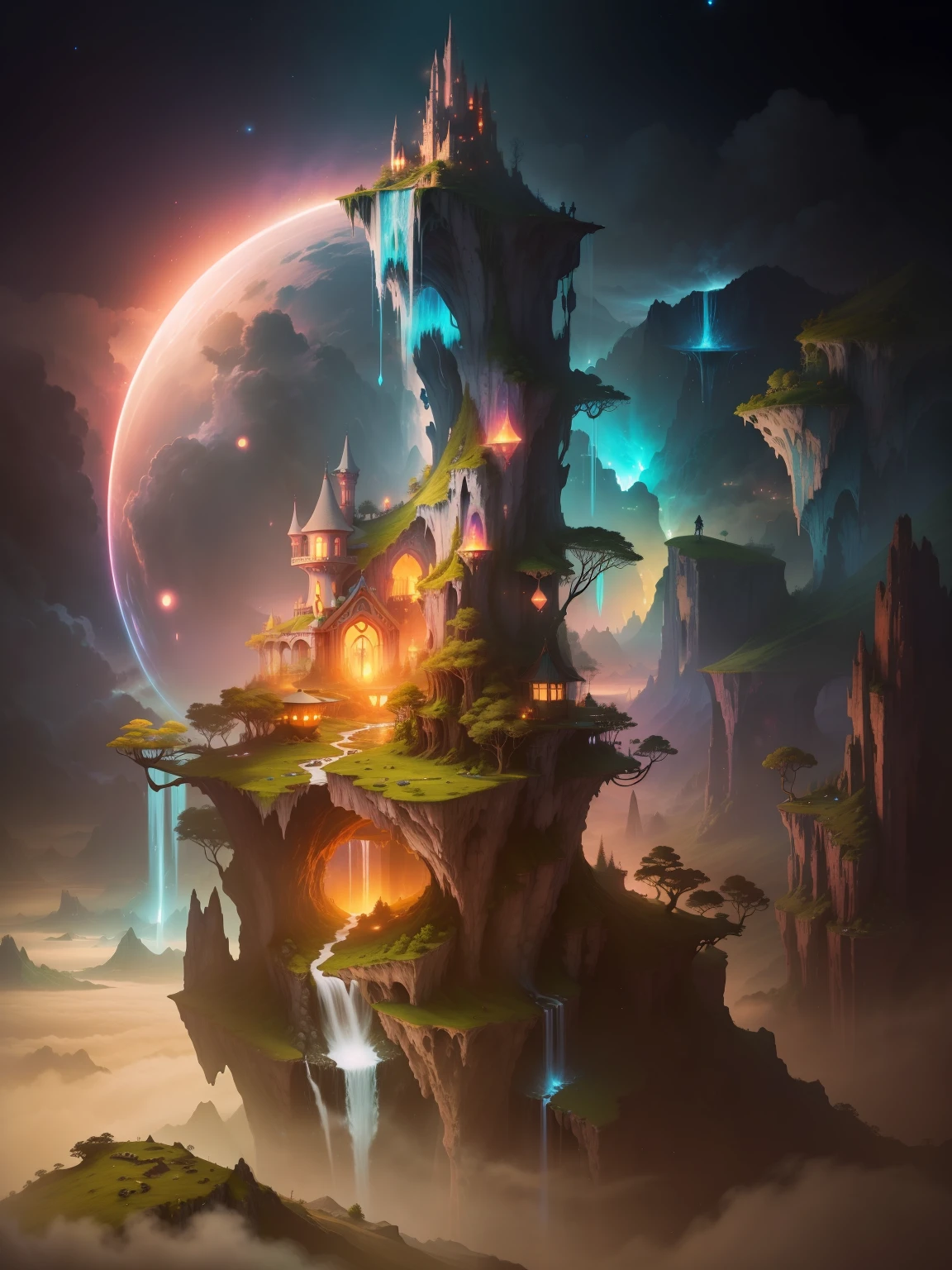 /imagine prompt: A magical realm suspended in the sky, where floating islands and waterfalls merge with colorful bioluminescent flora and fauna, creating a surreal and dreamlike environment, the air filled with a sense of wonder and adventure, Illustration, digital art with glowing effects, --ar 16:9 --v 5
