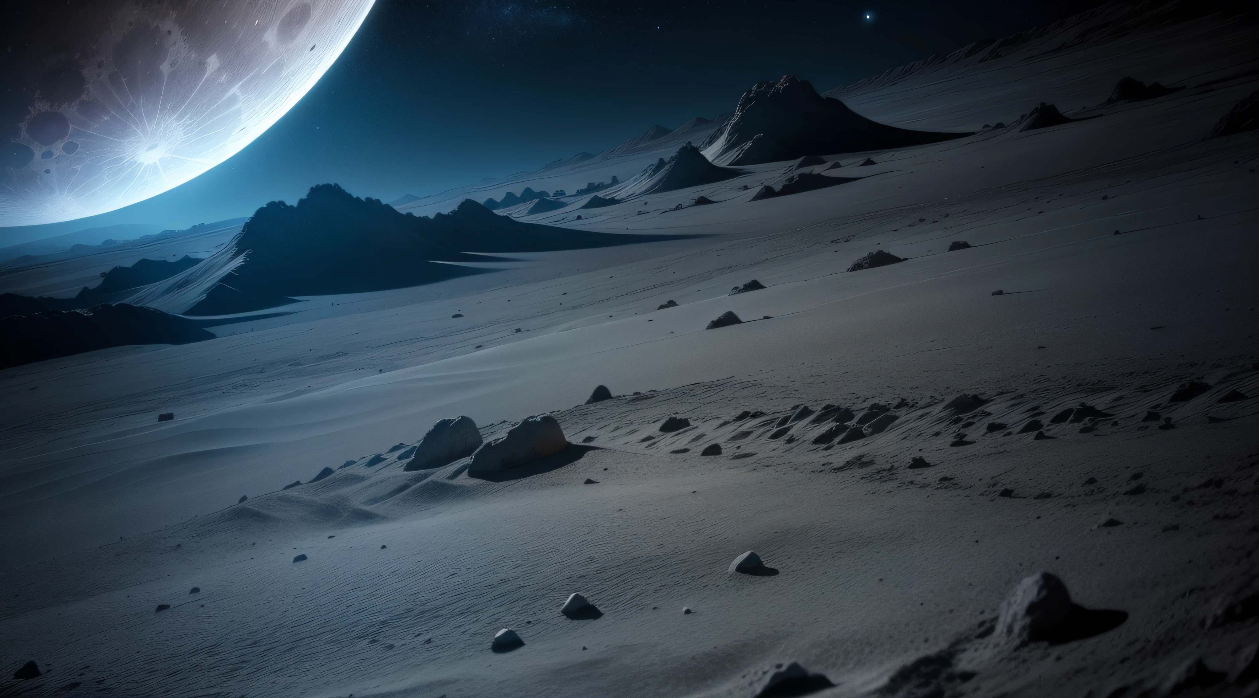 Lunar surface,Night falls,Quiet and mysterious,Full of unknown stars and cosmic wonders