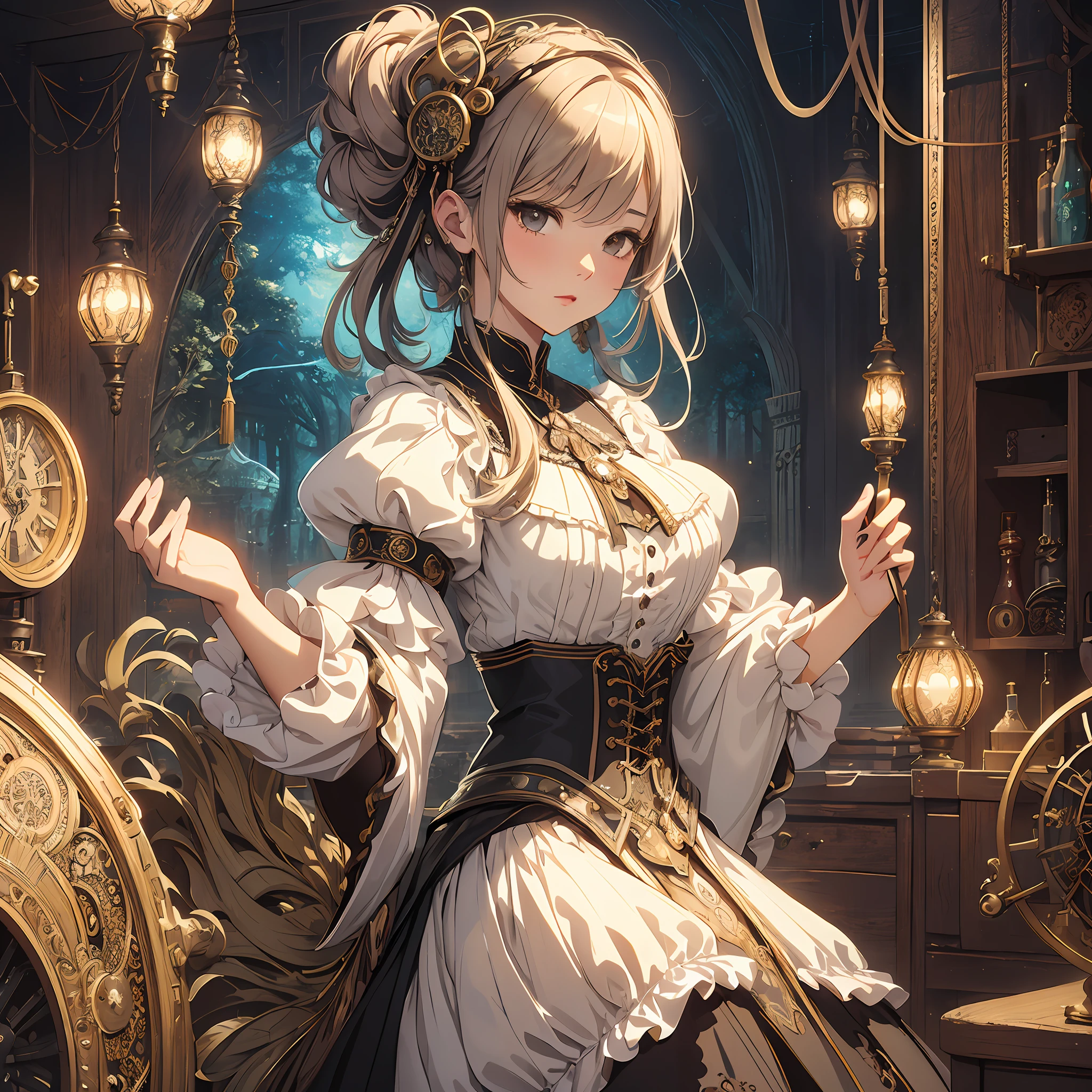 (​masterpiece、top-quality、Super delicate、Official art、ighly detailed、Beautifully Aesthetic:1.2)、(1girl in)、(Fractal Art:1.3)、(steampunc),Random hairstyle、Random hair color colorful、FULL BODYSHOT、Retro、Precise focus、randome pose、cinema4d、Dramatic、