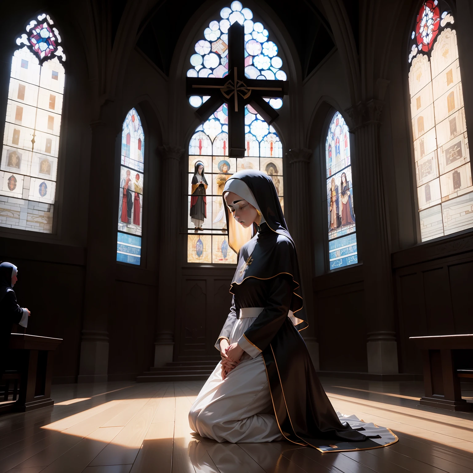A black nun kneels before an idol in a huge church，Pray silently。The church is topped with transparent stained glass windows，The image of God is the crucifixion of Jesus。The nun's eyes were closed，Put your hands together in front of your chest，The sun shines on her。