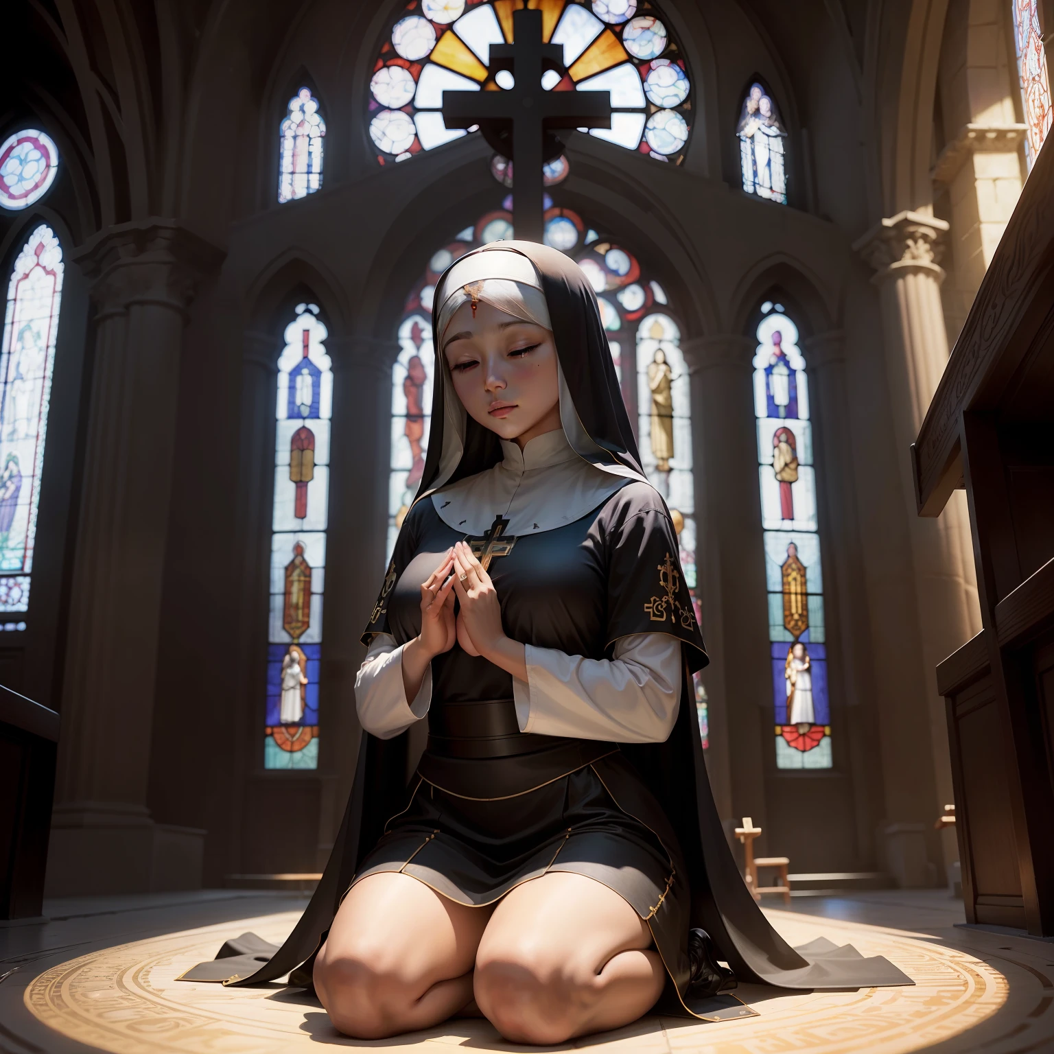 A black nun kneels before an idol in a huge church，Pray silently。The church is topped with transparent stained glass windows，The image of God is the crucifixion of Jesus。The nun's eyes were closed，Put your hands together in front of your chest，The sun shines on her。
