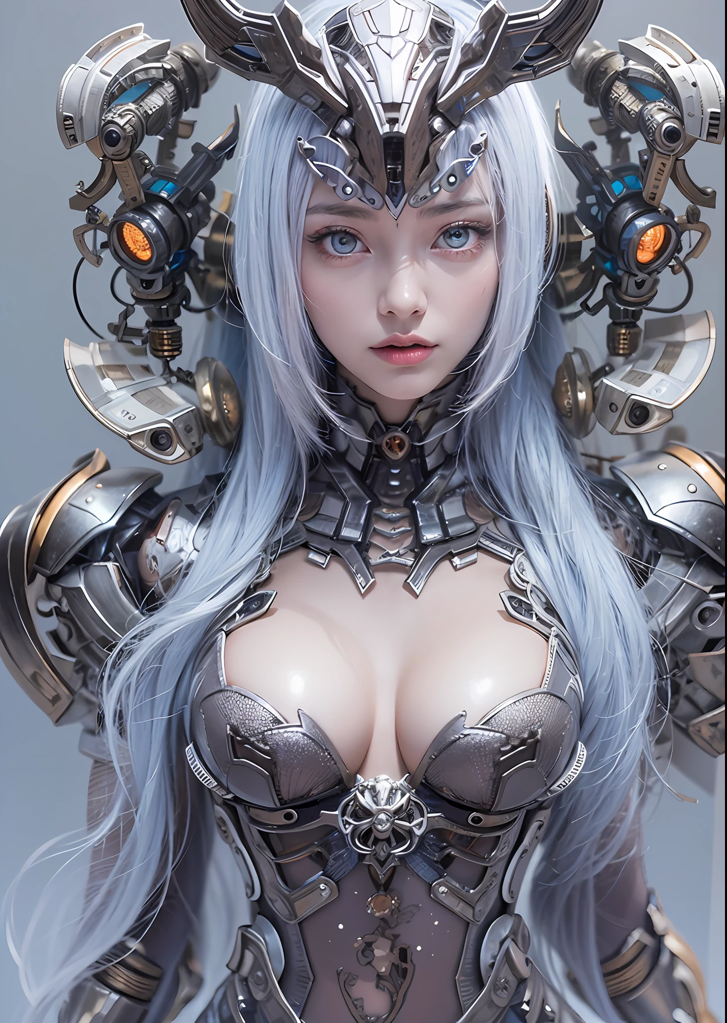 top-quality、masterpiece、超A high resolution、(Photorealsitic:1.4)、Raw photo、Battle Cyborg Angel、large wings made of metal、White porcelain body、Acrylic Clear Cover、white hair、glowy skin、1 Cyborg Girl、((super realistic details))、portlate、globalillumination、Shadow、octan render、8K、ultrasharp、character edge light,Colossal tits、Raw skin is exposed in cleavage、Details of complex ornaments、Giger Details、Hydraulic cylinder、Small LED lamp、highly intricate detail、Realistic light、a purple eye、radiant eyes、Facing the camera、neon details、cowboy shot、Futuristic headgear、About Cyberpunk、、