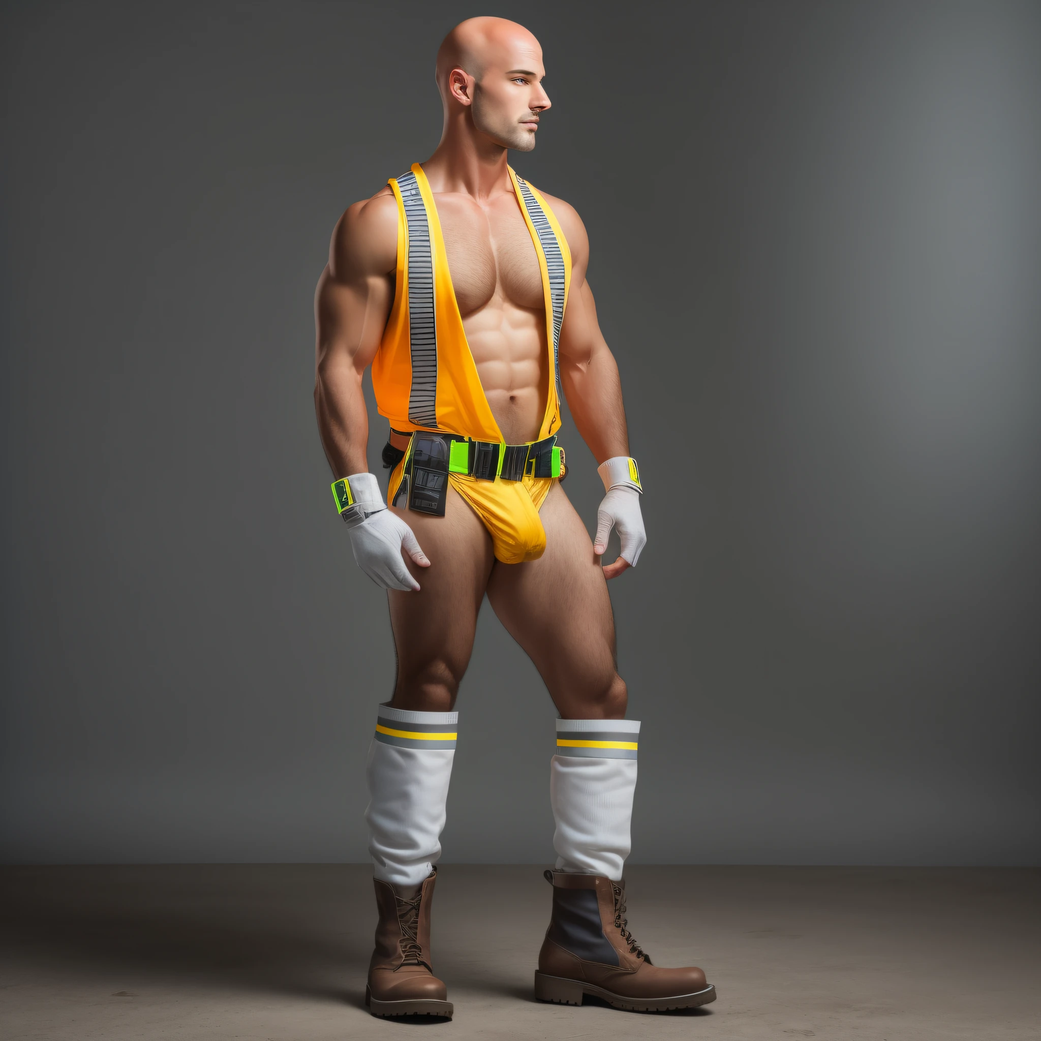 A naked handsome rugged and fit bald construction worker in a white jockstrap, with a toned physique wearing a vibrant high visibility armband, and sturdy boots, side view, captured in a striking full-body shot from a low angle.