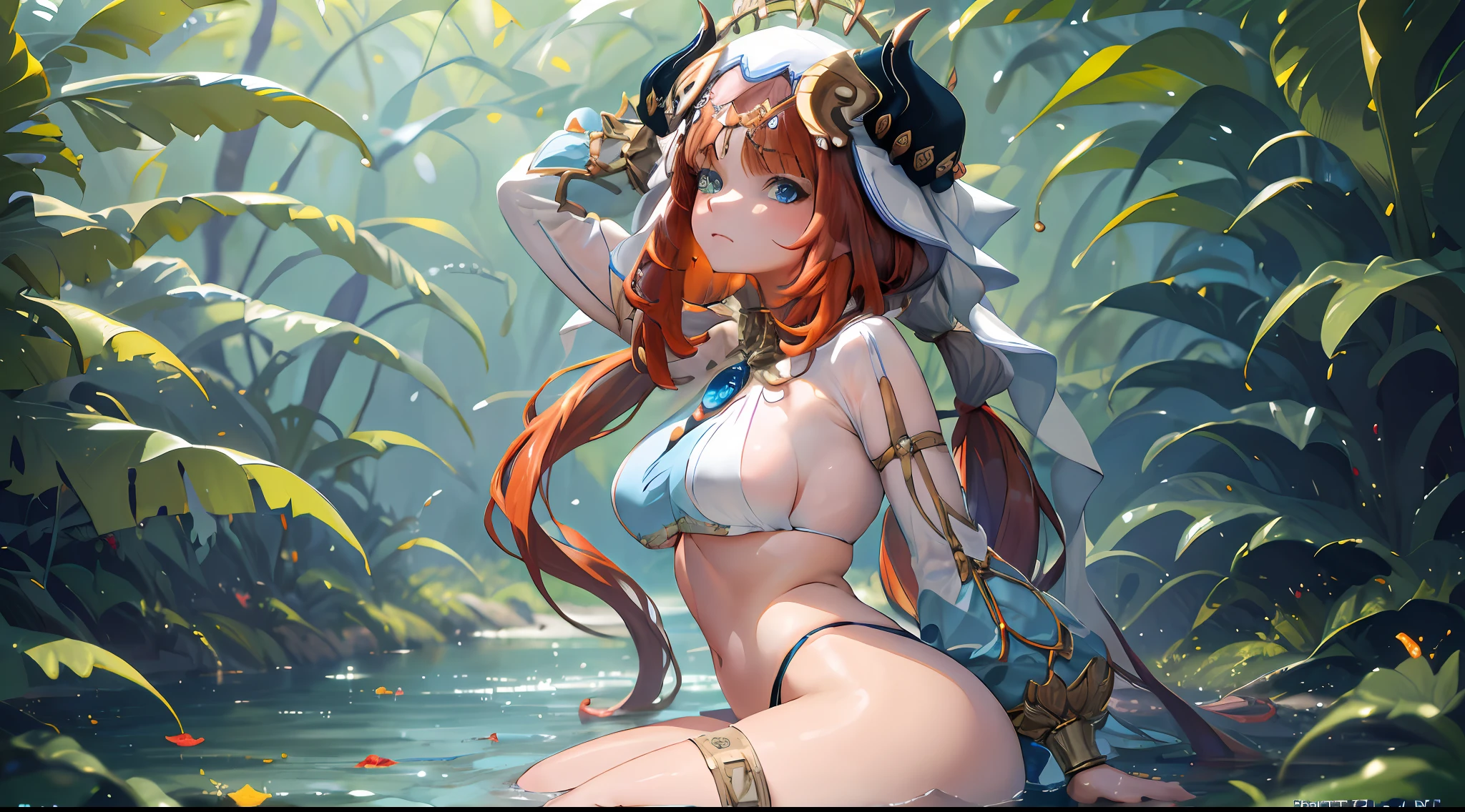 Nilou Genshin Impact, Iwhole body, (NSTDA.:1.2), (10, beste-Qualit, master-piece: 1.4), ultra-high resolution, (realistic, photorealistic: 1.48), Cute Girl 25 years old , ( Beetle Micro see-through bikini:1.11), famous Japanese actress, big breasts, blue eyes, head tilted, cowboy shot, from the side, looking at viewer, emotionless, beautiful river in the forest, Zeiss 150mm F/ 2.8 Hasselblad, whole body, feet, ultra wide angle