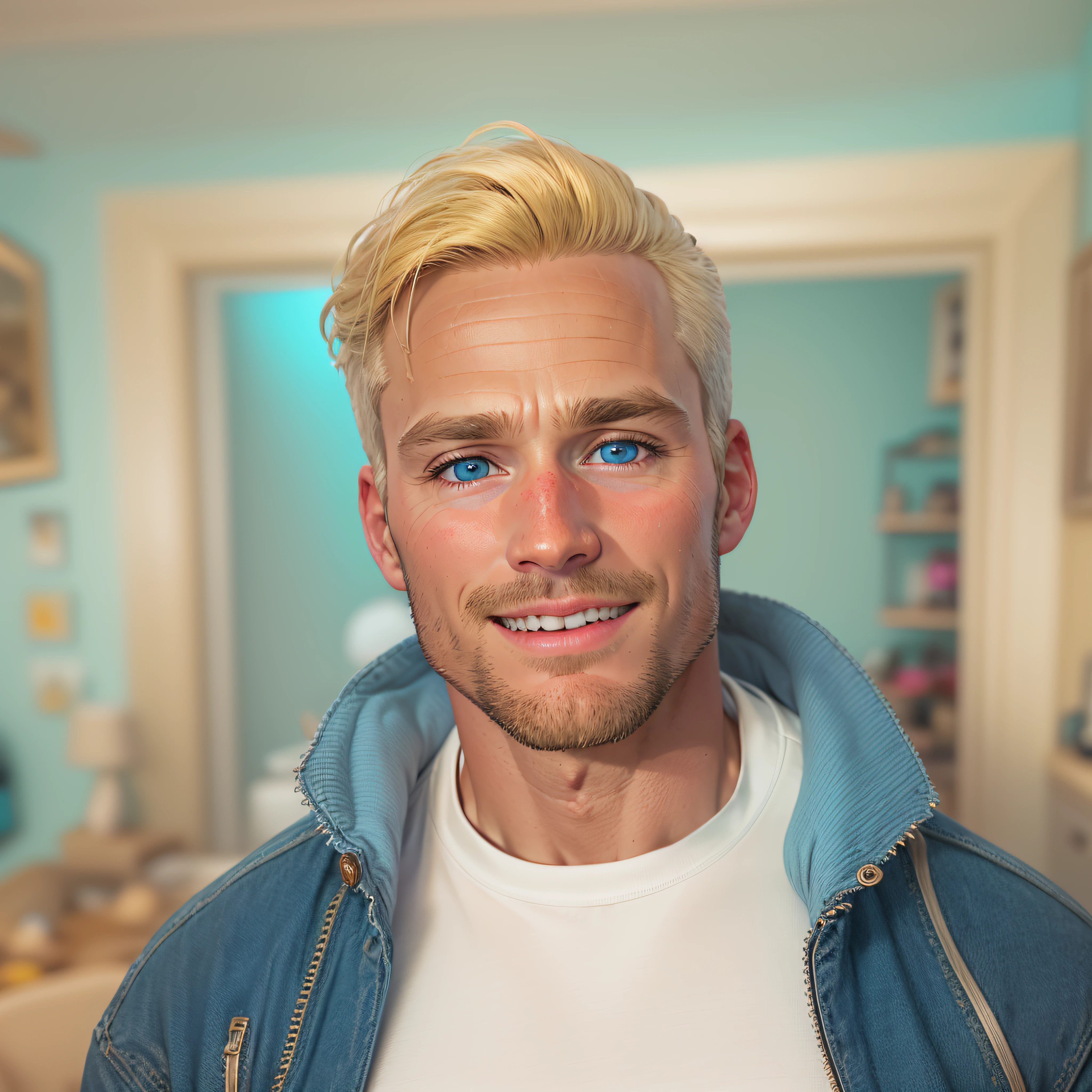 high quality, 1man, (((handsome blonde american dilf))), (((white shirt))) ((( blue jacket))), (((blue eyes))) (((in Barbie's Dreamhouse))) (((no facial hair)))
