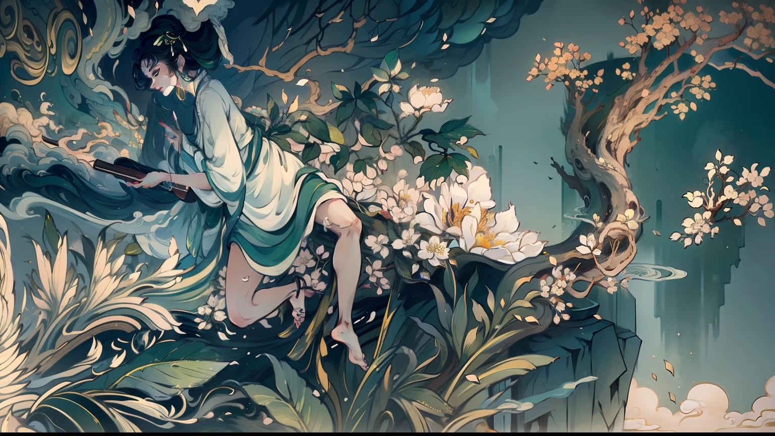 Wall paintings，tmasterpiece，Line drawing，A woman is writing，Correct ???????，nice hand，Good feet，green plant，Bananas，grape trees，fresh flowers，dead tree，Cloud fog，High hills，Huge thousand-year-old tree，Diffuse clouds，A masterpiece of art，Decorative painting，4K，超高分辨率，