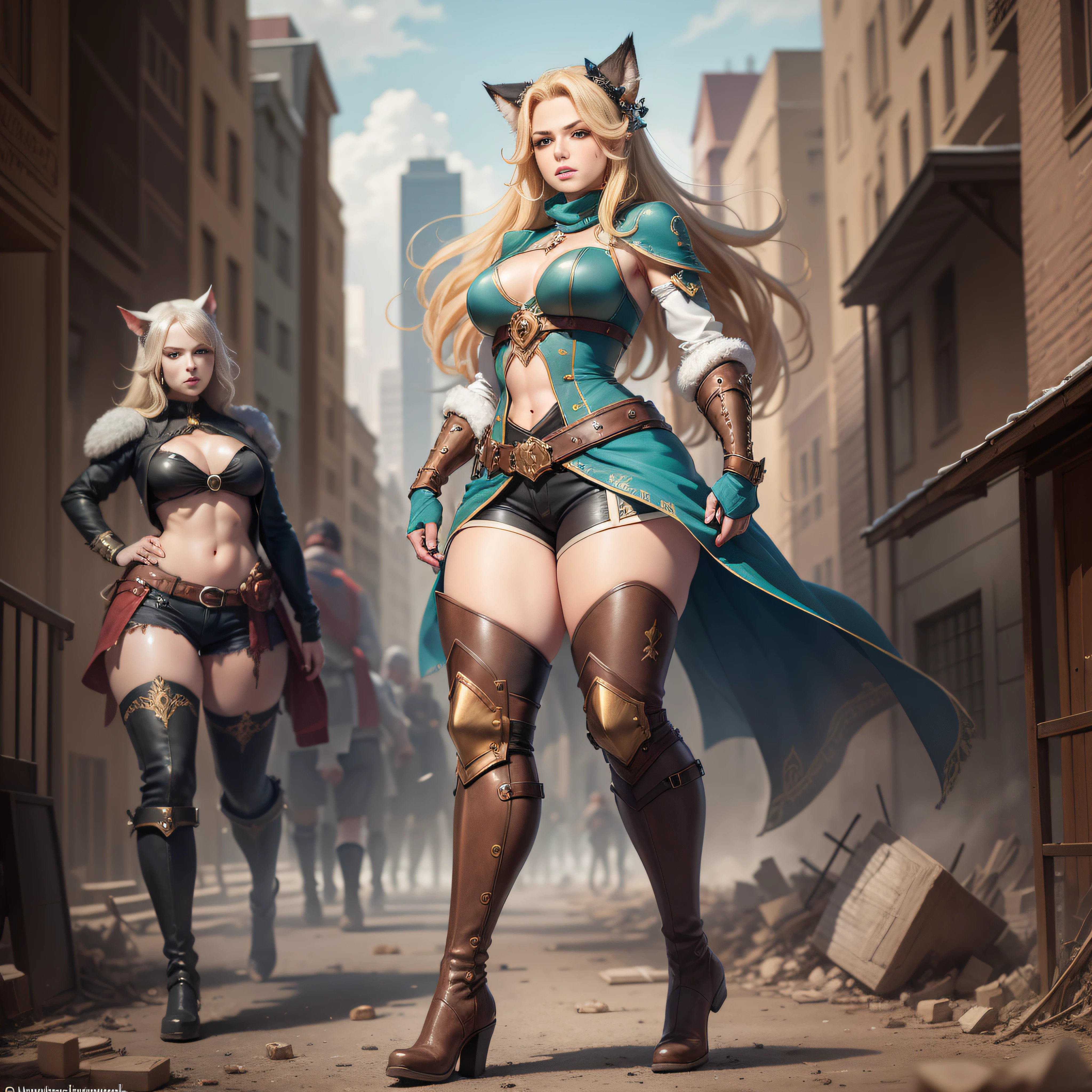 (There is only one person in the scene,One guy, The temperament of a queen,tmasterpiece,best qualityer,Hyper-detailing,Full body illustration,Fine and detailed eyes and detailed face) garments:There are animal ears,Orc symbaroum,Facial expressions are abundant,The upper body is clothed,The lower half of the body wears animal skin shorts,Wear knee-high boots,Boots made of cloth,Extra long boots, blond hairbl,Tall,Plump body,robust,Wide buttock,Large,strong,There are muscles,full bodyesbian,a matural female, (big assa:1.6),(thick thight:1.8),As tall as a building,The ground shattered,people running away