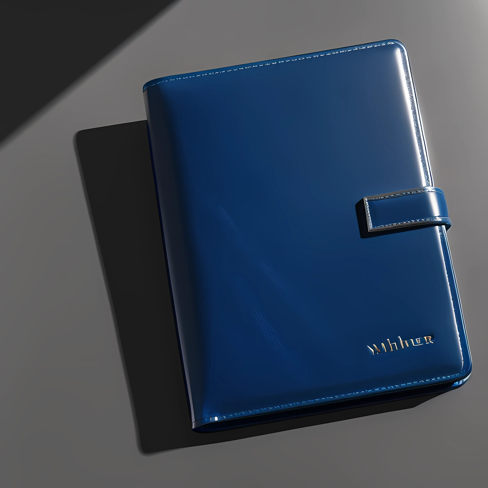 There is a blue leather folder on the table, product design shot,Close-up Shot Shot，Bottom view，luxury journal cover, Stereoscopic product rendering, product design render, 3 d product render, GRAPHITE, photoreal render, exquisite and smooth details, briefcase, author：Matthias Wescher,Natural light and shadow