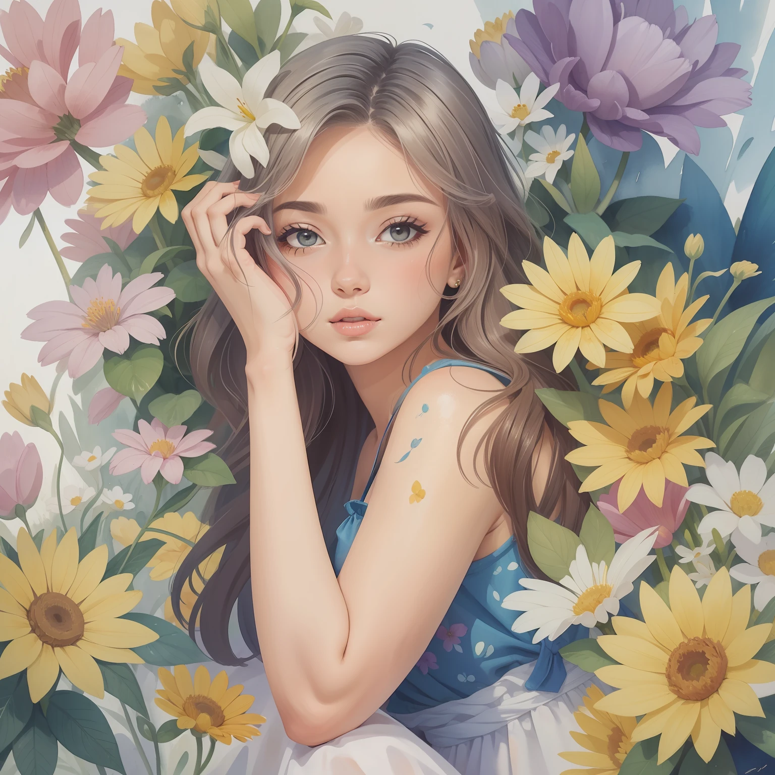 pintura em aquarela de uma mulher sentada na grama com cabelos longos, cabelos ruivos, perto de um rio em maio as flores