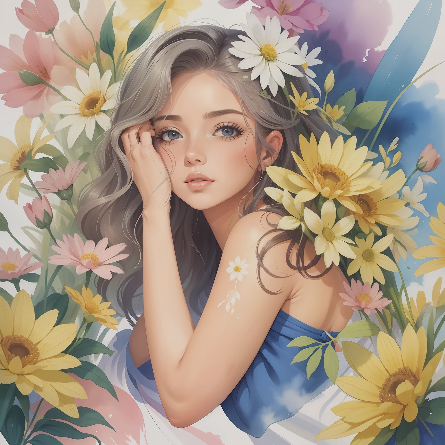 pintura em aquarela de uma mulher sentada na grama com cabelos longos, cabelos ruivos, perto de um rio em maio as flores