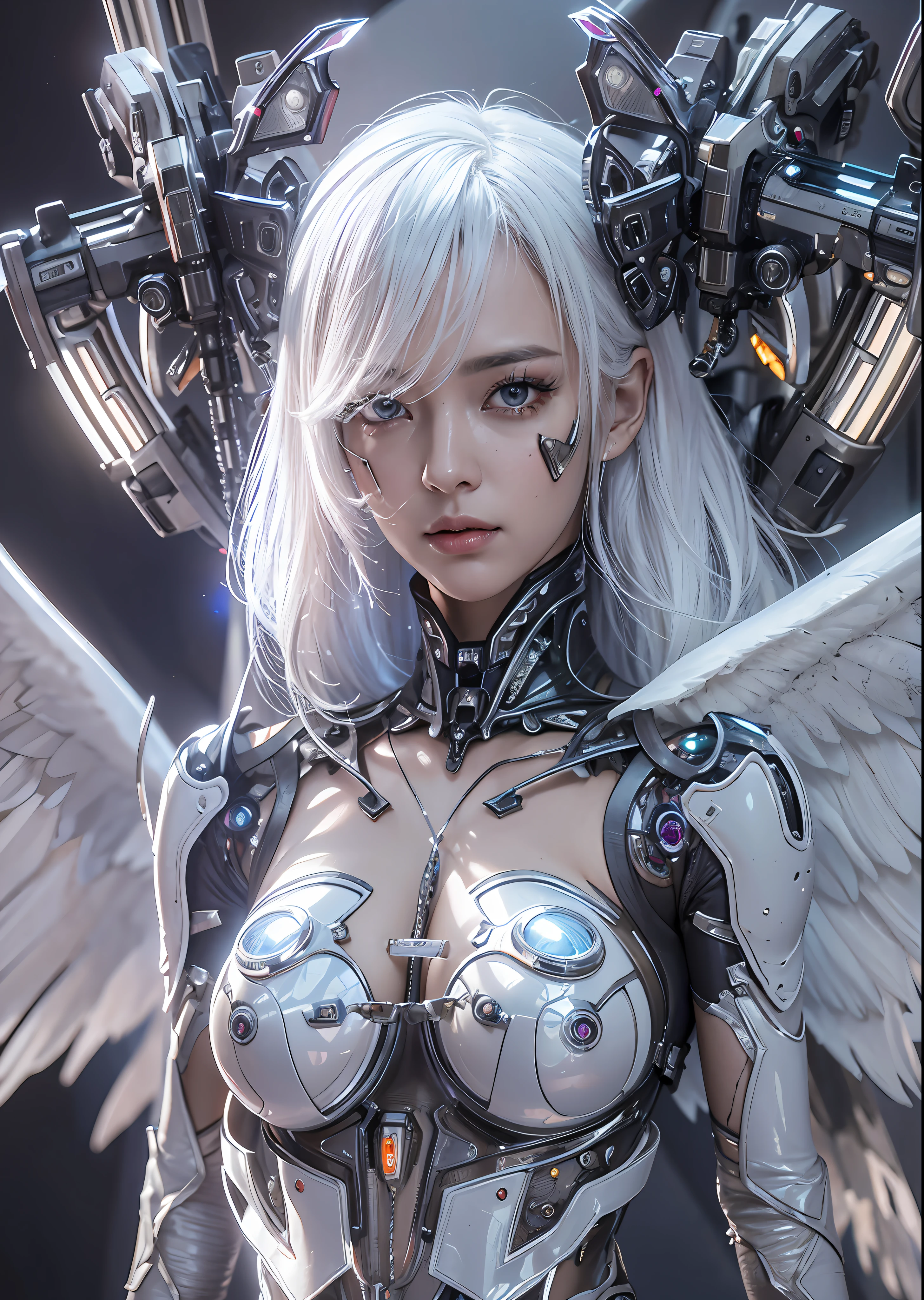 top-quality、​masterpiece、超A high resolution、(Photorealsitic:1.4)、Raw photo、Battle Cyborg Angel、large wings made of metal、White porcelain body、Acrylic Clear Cover、white  hair、glowy skin、1 Cyborg Girl、((super realistic details))、portlate、globalillumination、Shadow、octan render、8K、ultrasharp、character edge light,Colossal tits、Raw skin is exposed in cleavage、Details of complex ornaments、Giger Details、Hydraulic cylinder、Small LED lamp、highly intricate detail、Realistic light、a purple eye、radiant eyes、Facing the camera、neon details、cowboy  shot、Futuristic headgear、About Cyberpunk、、