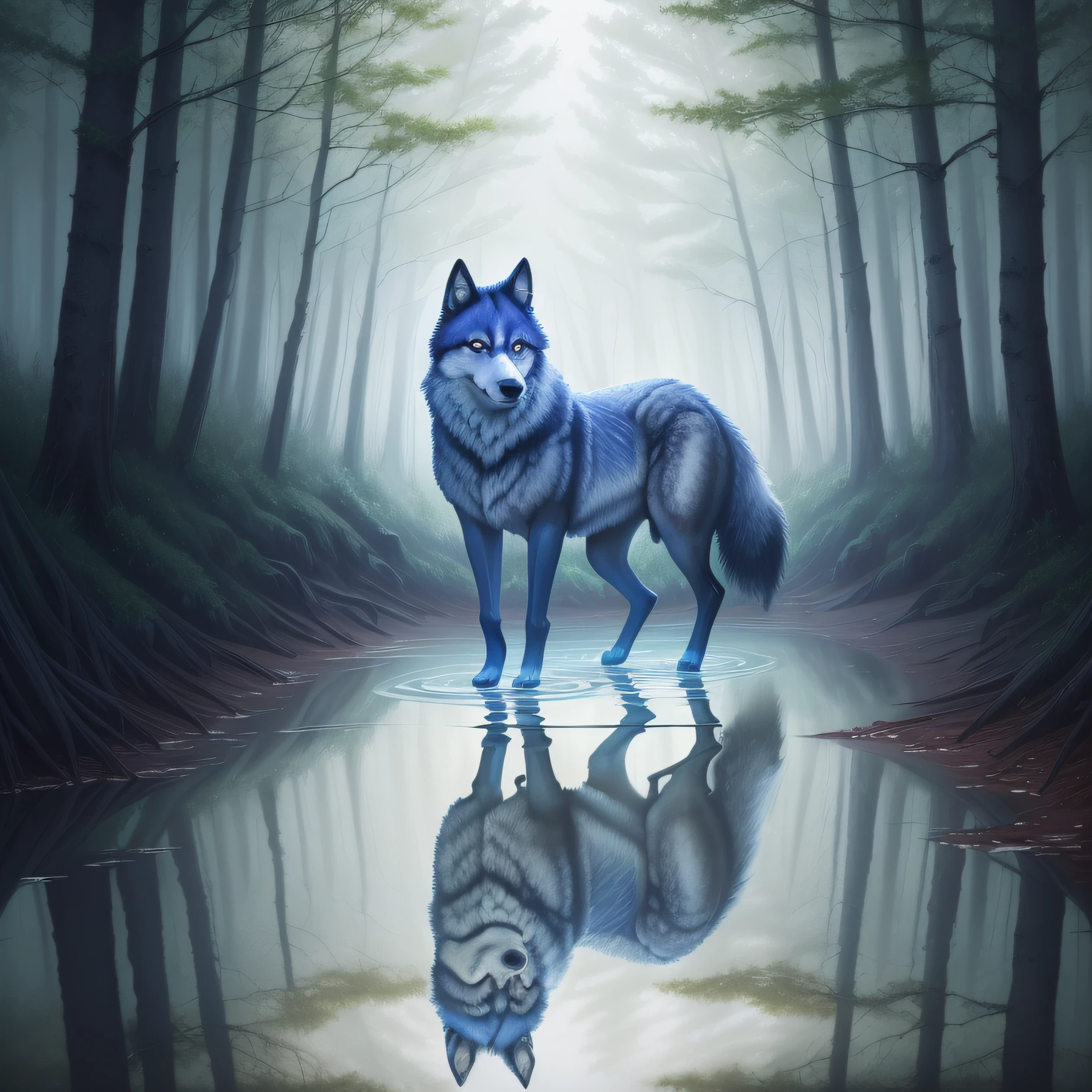 painting of a wolf walking in a forest with a reflection in the water, blue wolf, glossy digital painting, digital art animal photo, 3 0, digital painting highly detailed, airbrush digital oil painting, high quality digital painting, airbrush digital art, stunning digital painting, in style of digital painting, digital airbrush painting, high quality hd digital art, digital painting style