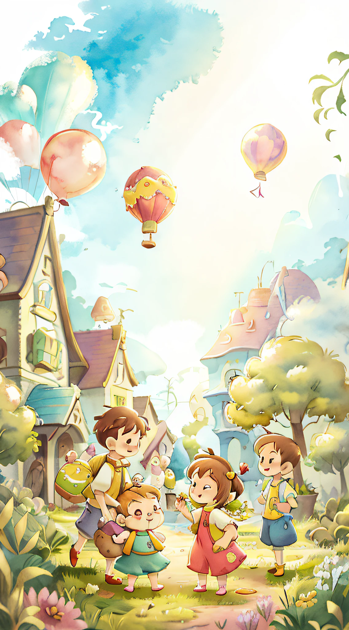 Fresh colors Watercolor children's painting Happy balloon Castle Cloud Cute rabbit