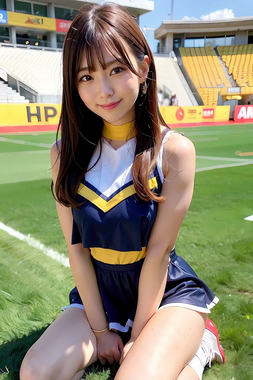 Ala Fed Asian cheerleaders posing dynamically in stadium、1人の女性、a closeup、cosplay foto、Anime Cosplay、Short-cut hairstyles、(realisitic、Photorealsitic:1.37)、(in 8K、Raw photography、top-quality、masterpiece:1.2)、cute little、ultra-detailliert、Heart-shaped pupil、physically-based renderingt、Full body like、超A high resolution、Kodak Vision Color、Captured with an Arricam LT camera、bokeh dof、foco nítido、
Look at viewers,Photorealsitic,realisitic, 独奏, top-quality,extra detailed face,extremely detailed eye and face,absurderes,haunting smile,A smile、A slender、Small Cheer Uniform、amarelo、Colossal tits:1.5、Exposed cleavage