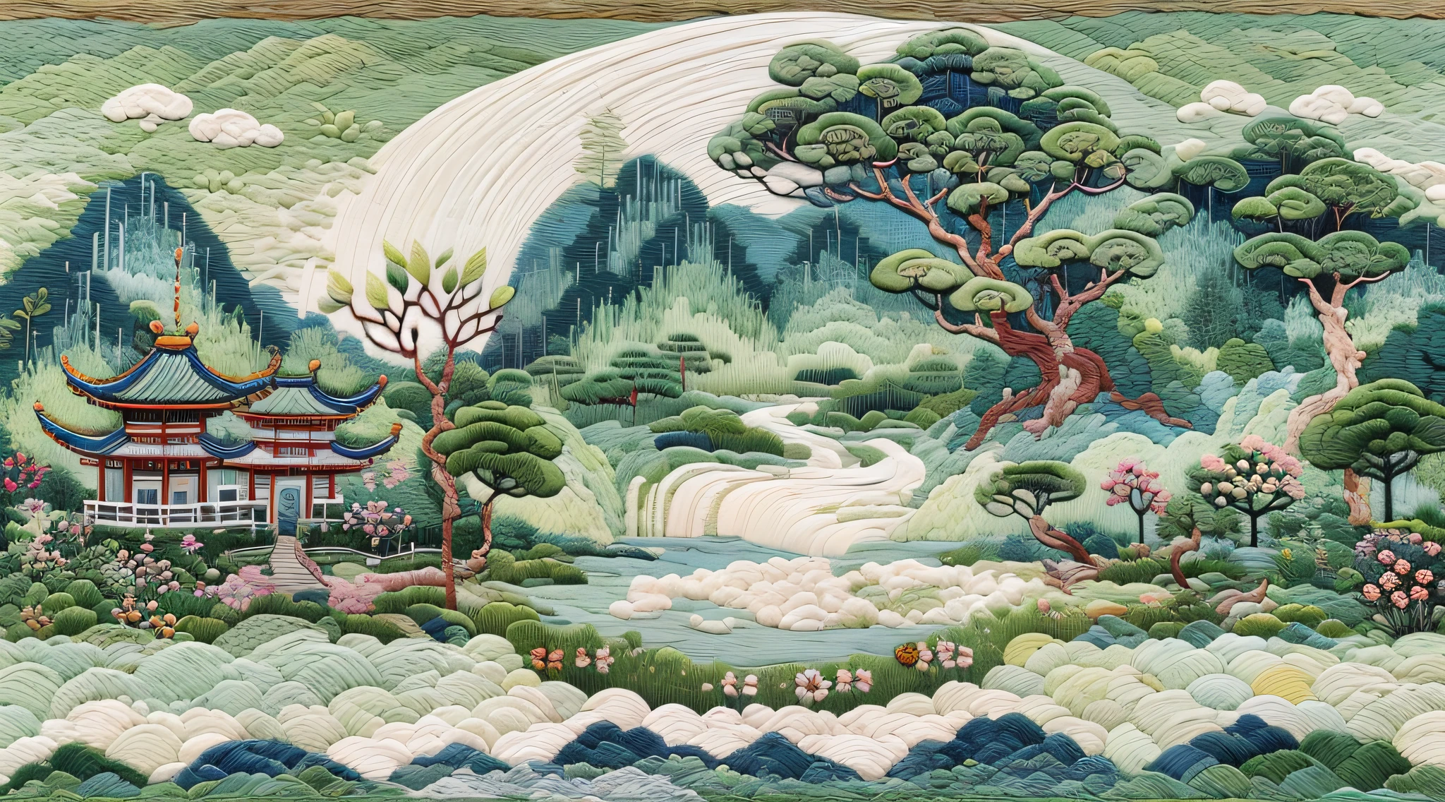 （Cross-stitch landscape，Embroidered landscape），Antique game scene design，big trees，florals，Lotus architecture，Floating table，A blue sky，White cloud，Chinese ink painting OC rendering sculpture