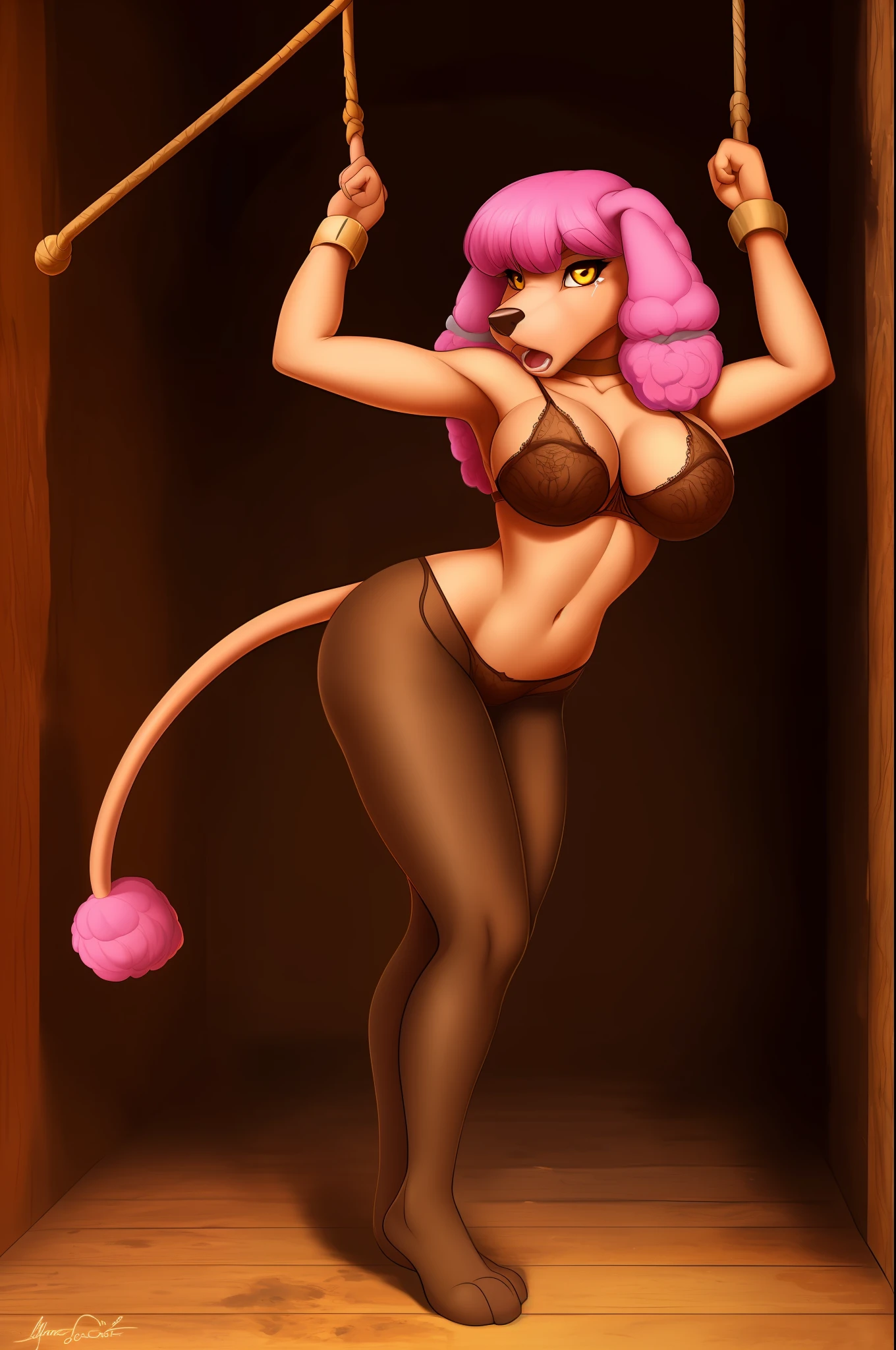 1girl, solo Frenchie, black pantyhose, yellow eyes, blunt bangs, breasts, cowboy shot, fang, large breasts, long hair, looking at viewer, looking back, open mouth, pantyhose, pink hair, pink hair, (masterpiece:1,2)Detailed and beautiful face, indoors, navel, feet, nsfw, Full body portrait, Von iskra, von wolfy-nail, von Personalami, Frenchie, poodle, dark brown ears, floppy ears, toy poodle ears, toy poodle tail, brown body, yellow eyes, ((Tail correct position)), weiblich, (detailliert), Ansicht des Betrachters, solo, 1 Girls, high - res, fotorealistisch, gelbe augen, eingebildet schauend, ((klare strukturelle Details)), detaillierter Realismus, schlank, hart, 4k, excellent quality, hohe Details, (seductive), cenematic lighting, konzert, holds green guitar, scheinwerfer, (((Frenchie, woman, breasts, antrum, extremely detailed, extremely detailed legs, extremely detailed arms, extremely detailed face, perfectly detailed eyes, perfectly detailed anatomy))): 1.2, solo, perspective, curved thighs, huge thighs, curvature, embarrassed face, (tail), totally blushed, nervous, looking at the viewer, loincloth brown, brown bra, indigenous, native, slave, dungeon, arms tied to the wall ((arms up)), torture, serious, restraints, legs on suspension, suspension, struggling, solo, furious, angry, raging, mad, confused looking, crying, closed eyes, tears