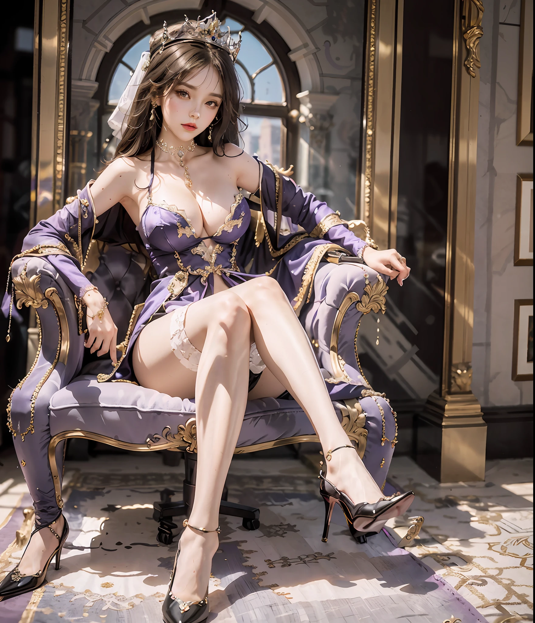 Arapefi, （Purple princess dress，1.8）， seated on a throne， wearing high heels，Place your hands on your chest，Wear a crown，choker necklace，Look from the front，close-up from the front，next to a window, sitting in a castle, Sense of transparency，（oversized boobs，1.5），Expose cleavage，Turn around and look at the camera，tmasterpiece，Flawless，Sense of transparency，Empty inspiration，More details and decoration，Exposing thighs，8K，（Wear decorations such as rings，1.9），White-colored skin，Ornate ornament，White waist stockings，one-girl，(Dissection is correct，PremiumQuality, high detal, Masterpiece）