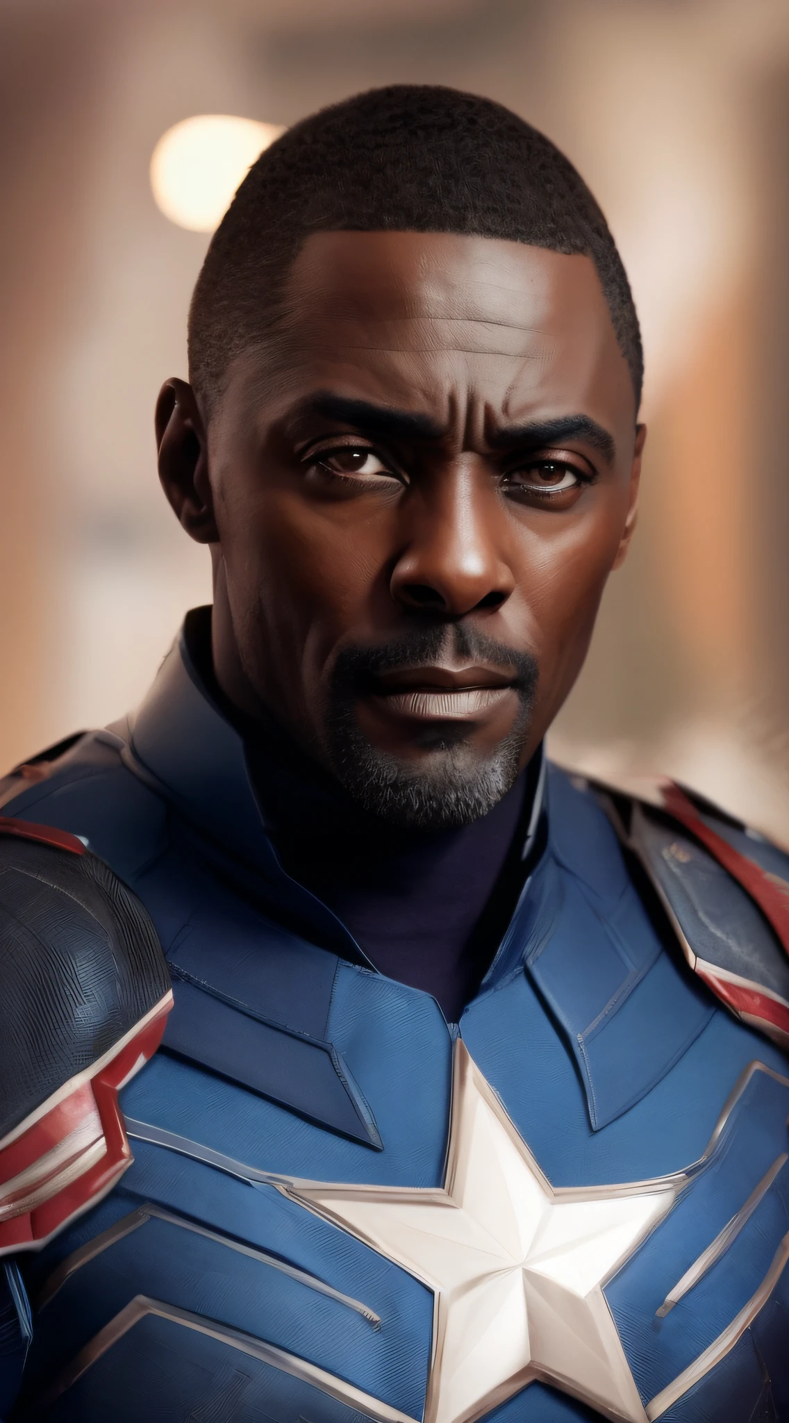 . .Tarantino style Idris Elba as Captain America. 8k, high definition, detailed face, detailed face, detailed eyes, detailed suit, in style of marvel and dc, hyper-realistic, + cinematic shot + dynamic composition, incredibly detailed, sharpen, details + superb details + evening with light + perfectionism + award winning realism ((moody lighting))