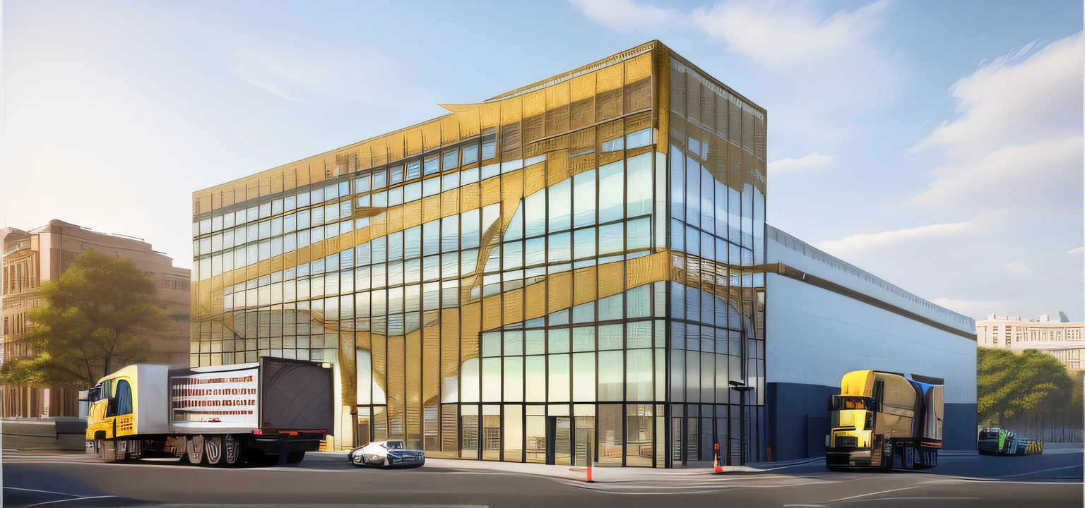 rendering of a large building with a large truck parked in front of it, precise architectural rendering, exterior shot, architectural rendering, sharp foccus ilustration hq, sharp hq rendering, artstation hq, a digital rendering, architectural render, photo render, artstation hq”, artistic render, artist's impression, gold and steel intricate, architecture render, sharp focus ilustration hq