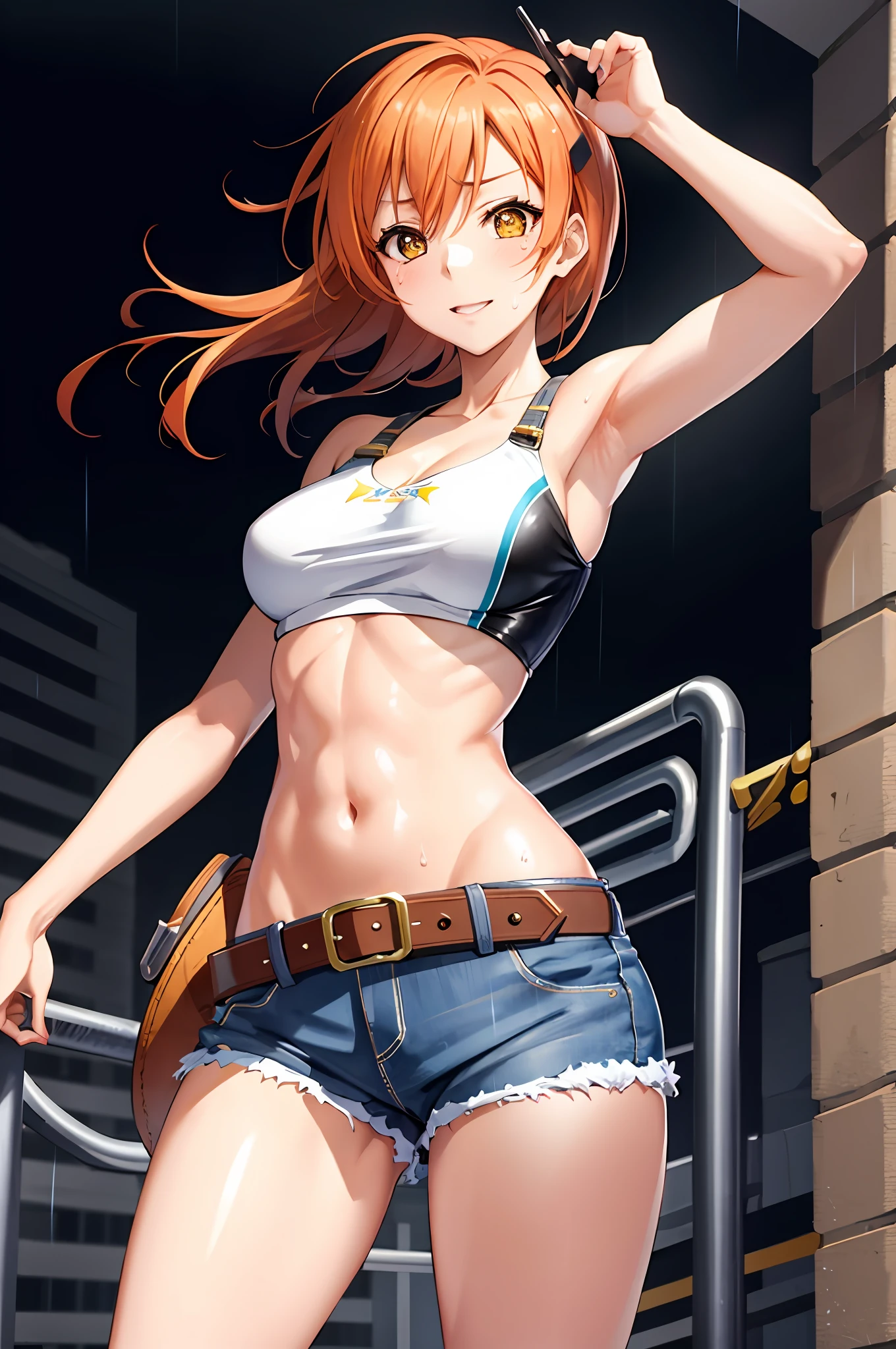 Hoshizora rin, Best Quality,(beauty), 1girl,phisically-based render ,ultra highres,(cowboy shot:1.5),narrow waist, skinny, LeonaMS ,muscular, big eyes,long legs,jeans,leather belt,small breasts,puffy eyes, leather belt,(rainy city), shiny skin, facing viewer, Victory posture,(midriff:0.7), sweating, flying sweat drops