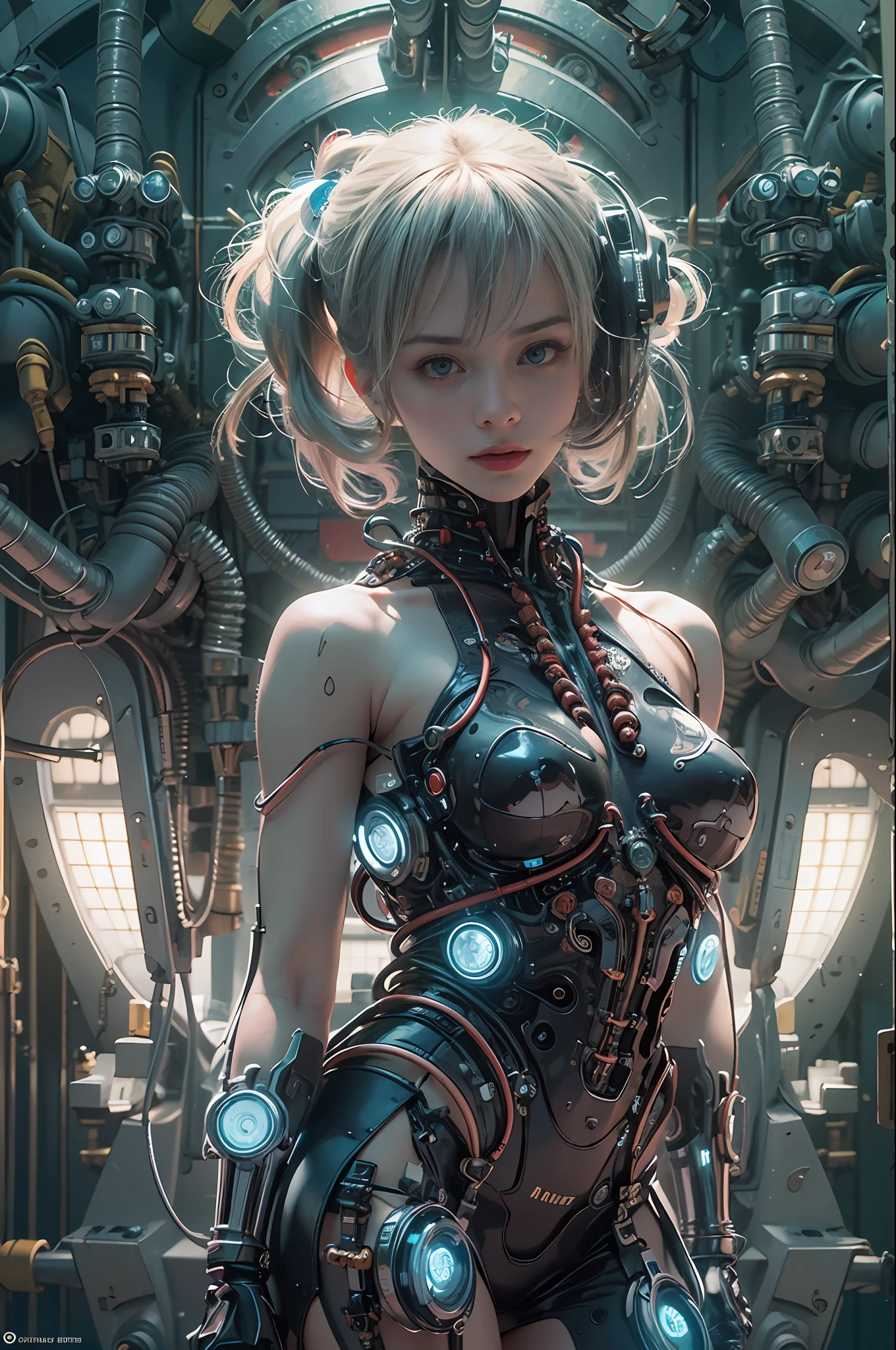 Top Quality, Masterpiece, Ultra High Resolution, ((Photorealistic: 1.4), Raw Photo, 1 cyberpunk Girl, Glossy Skin, 1 Mechanical Girl, (Ultra Realistic Details)), mechanical limbs, tubes connected to the mechanical parts, mechanical vertebrae attached to the spine, mechanical cervical attachment to the neck, wires and cables connecting to the head, Evangelion, Ghost in the Shell, small glowing LED lamps, global lighting, deep shadows, Octane Rendering, 8K, Ultra Sharp, Metal, Intricate Ornament Details, baroque details, Very intricate details, realistic light, CGSoation trend, facing the camera, neon details, (android manufactory in background), art by H.R. Giger and Alphonse Mucha.