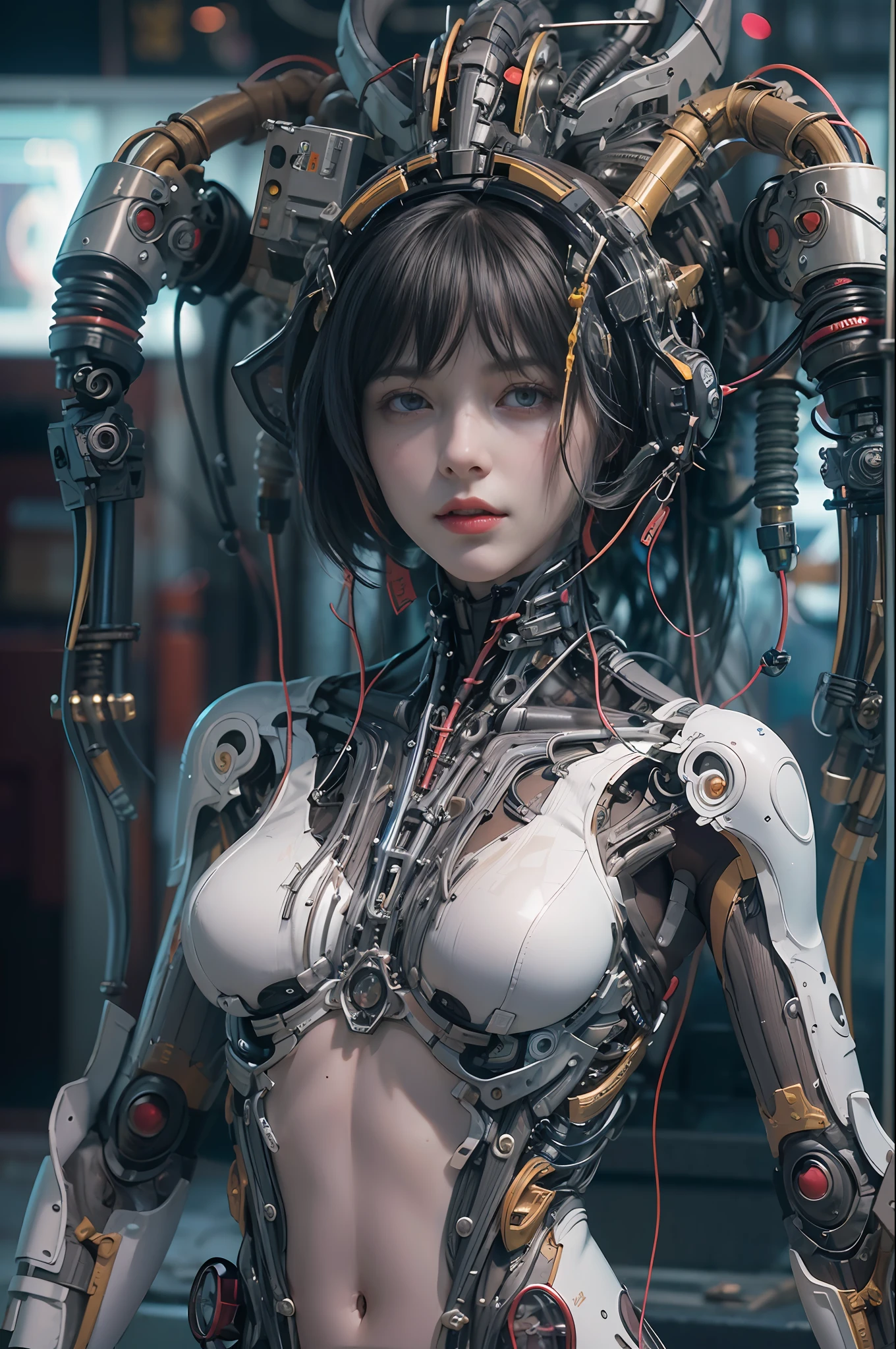 Top Quality, Masterpiece, Ultra High Resolution, ((Photorealistic: 1.4), Raw Photo, 1 cyberpunk Girl, Glossy Skin, 1 Mechanical Girl, (Ultra Realistic Details)), mechanical limbs, tubes connected to the mechanical parts, mechanical vertebrae attached to the spine, mechanical cervical attachment to the neck, wires and cables connecting to the head, Evangelion, Ghost in the Shell, small glowing LED lamps, global lighting, deep shadows, Octane Rendering, 8K, Ultra Sharp, Metal, Intricate Ornament Details, baroque details, Very intricate details, realistic light, CGSoation trend, facing the camera, neon details, (android manufactory in background), art by H.R. Giger and Alphonse Mucha.