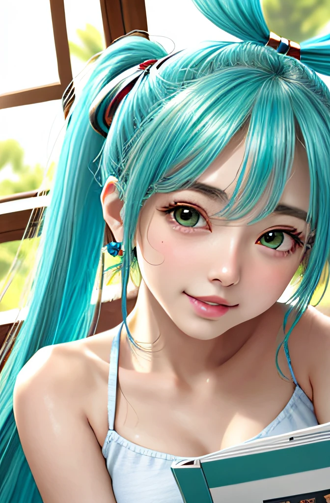 [(white background:1.5)::5],best quality, masterpiece, highres, original, extremely detailed 8K wallpaper, an extremely delicate and beautiful,,full body,straight-on,ultrawide shot,depth of field,high saturation,cafe,tatami,indoors,photorealistic,detailed manga illustration,colorful,tachie,line art,solo,petite,bishoujo,(((hatsune miku))),grayu,goddess,the creamy smooth skin,green_hair,ahoge,ponytail,payot,floating hair,bangs,green_eyes,smile,figure four sitting,detail fingers,skindentation,beautiful_face,bright pupils,office lady suit,denim shorts,black_thighhighs,sneakers,belt,hair ribbon,halo,tassel,hair ornament,hair rings,hair bow,hairband,earrings,book,armlet,