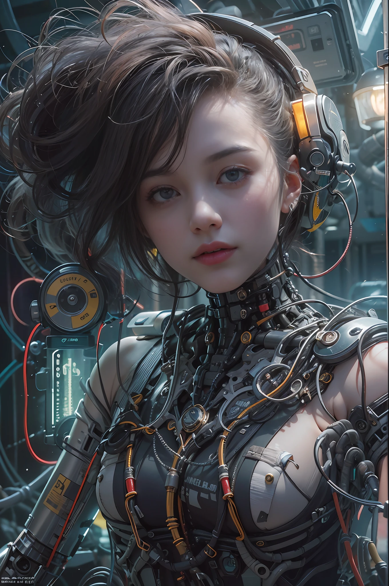 Top Quality, Masterpiece, Ultra High Resolution, ((Photorealistic: 1.4), Raw Photo, 1 cyberpunk Girl, Glossy Skin, 1 Mechanical Girl, (Ultra Realistic Details)), mechanical limbs, tubes connected to the mechanical parts, mechanical vertebrae attached to the spine, mechanical cervical attachment to the neck, wires and cables connecting to the head, Evangelion, Ghost in the Shell, small glowing LED lamps, global lighting, deep shadows, Octane Rendering, 8K, Ultra Sharp, Metal, Intricate Ornament Details, baroque details, Very intricate details, realistic light, CGSoation trend, facing the camera, neon details, (android manufactory in background), art by H.R. Giger and Alphonse Mucha.