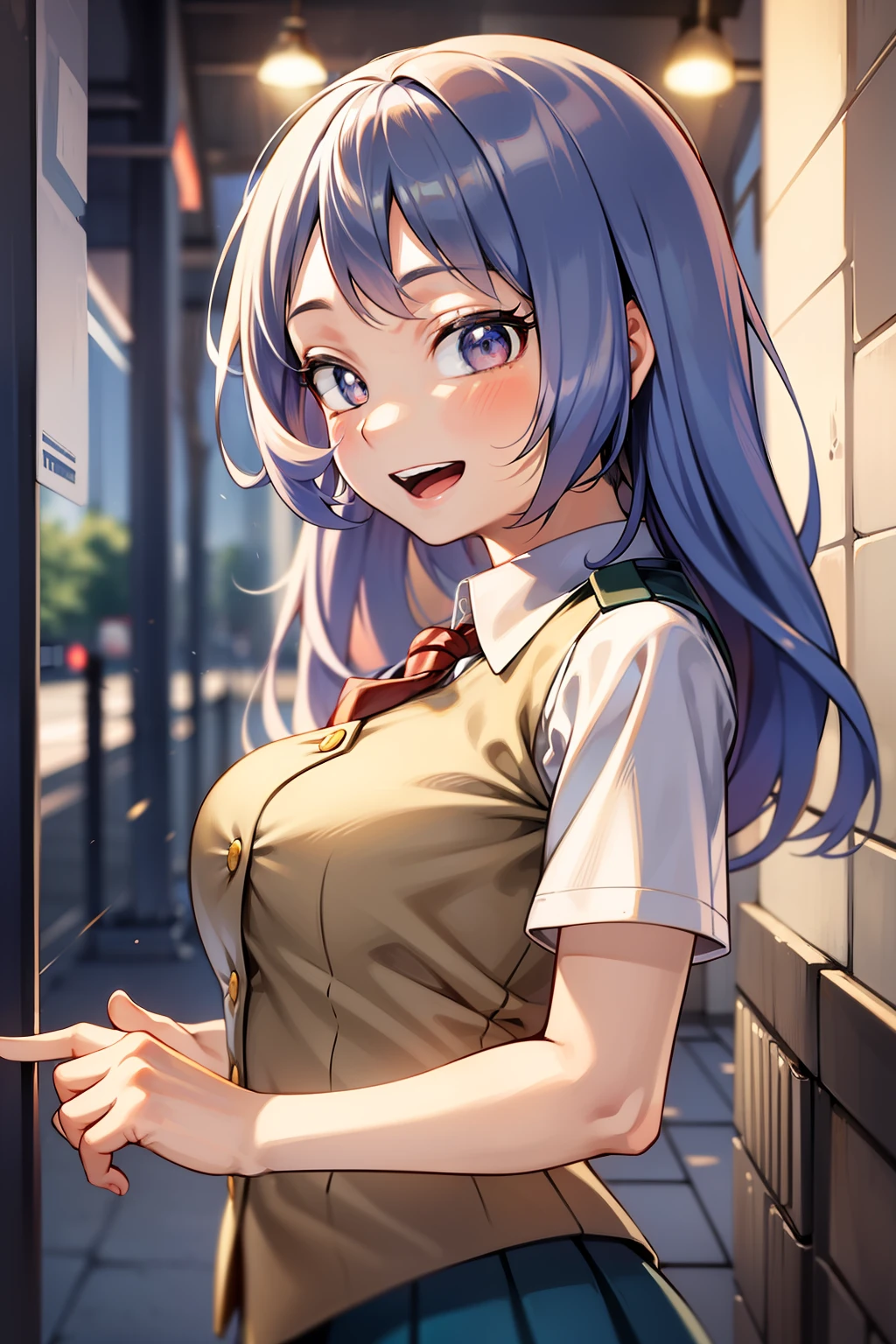 nejire hado, white shirt, school uniform, outdoors, intricate, beautiful, highly detailed, artstation, concept art, smooth, 1girl, smile, open mouth, looking at viewer, from side, red tie, blush, arms behind back, u.a. school uniform,