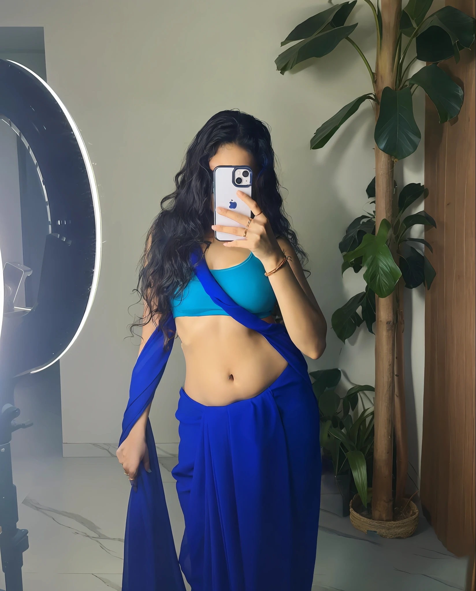 25 year old girl in blue sari taking a selfie in front of a camera, her belly button is exposed, full body photoshoot, with a blue background, full body shoot, blue colored traditional wear, half body cropping, sexy pose, modeling shoot, posing, hands behind her body pose!, sultry body with sexy belly, blue outfit, perfect body, perfect figure, body type 34-28-37, replicate image2image, change the background, classic background, littles slime belly, little big boobs,
