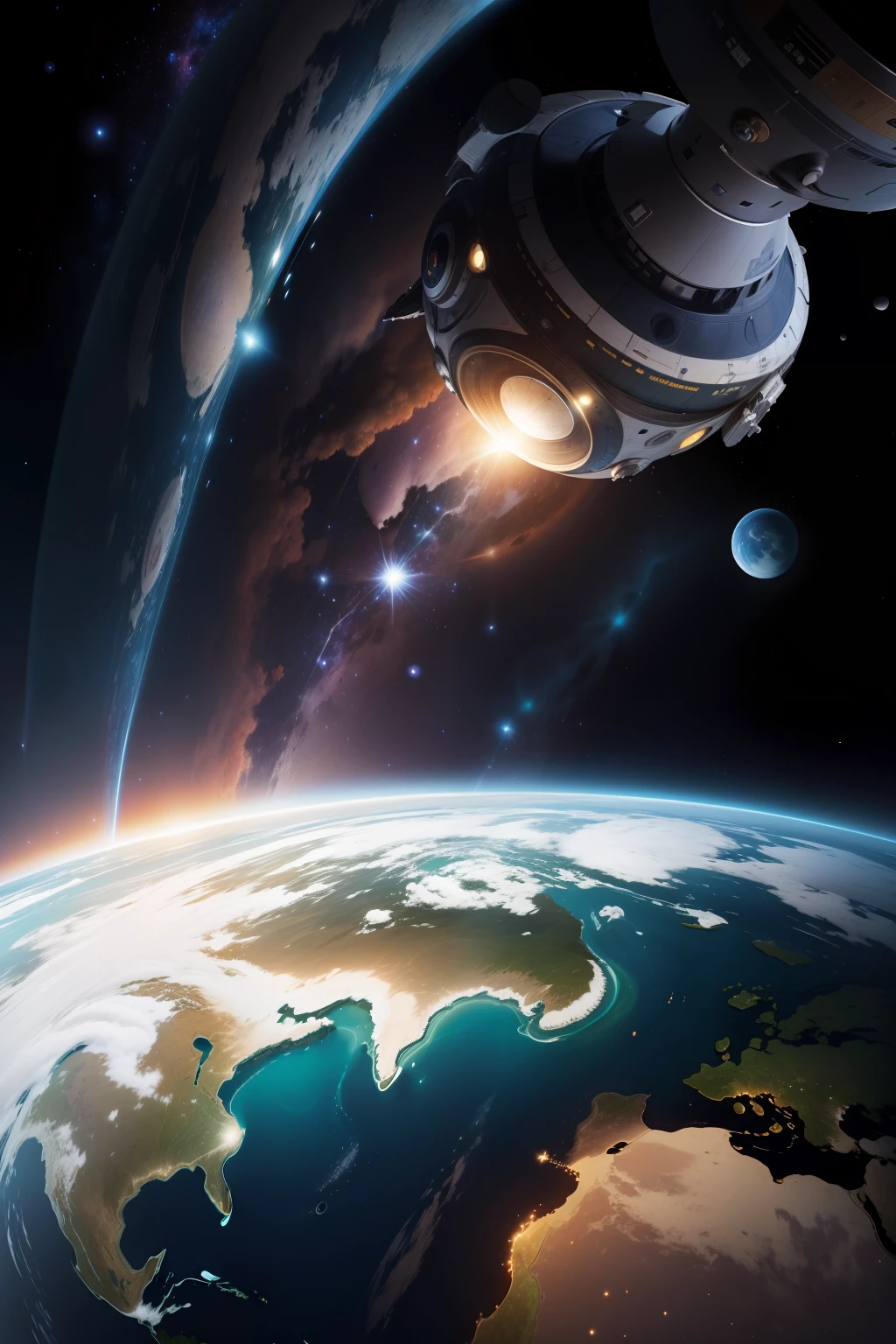 A realistic background image of the earth，Contains targeting、the ocean、moons、starrysky、Space station elements