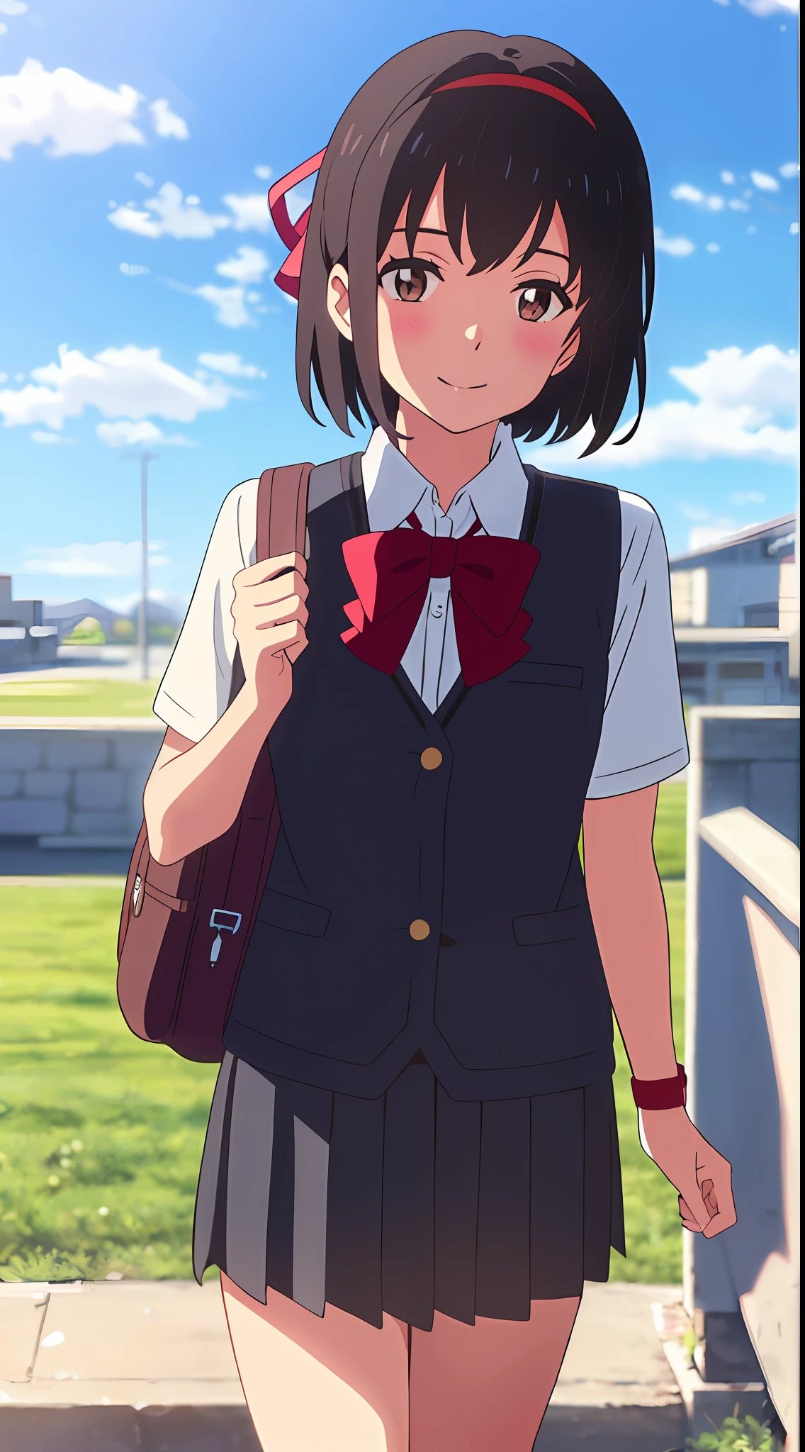 shinkai makoto, kimi no na wa., 1girl, bangs, black hair, blush, brown eyes, sky, cloud, collared shirt, looking at the viewer, outdoors, red headband, red ribbon, red bow, school, school uniform, short hair, smile, solo, white shirt, skirt, school backpack