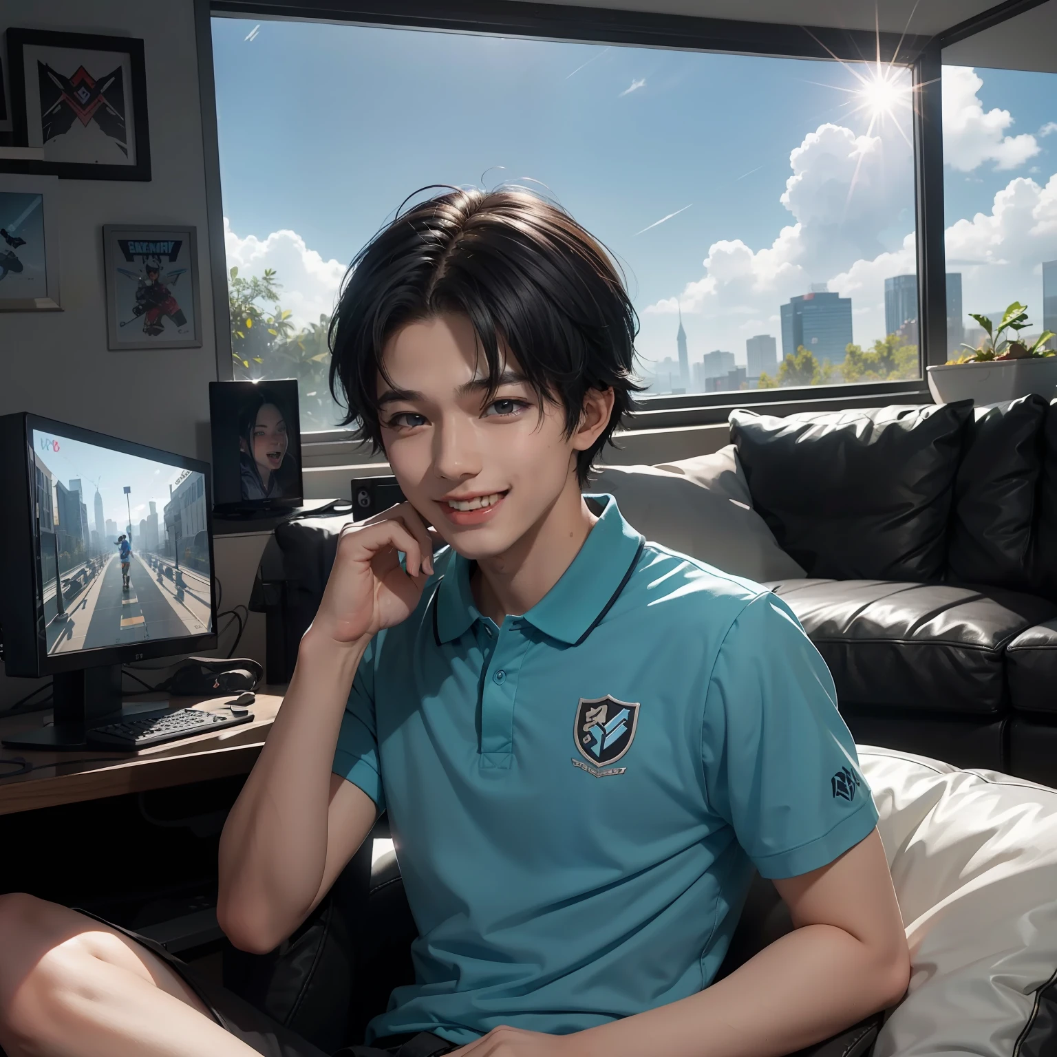 a teenager gamer boy, in a living room play video games, sky blue polo shirt, black hair, laughing, bright sun rays, reflection, 32k uhd, afternoon vision ,